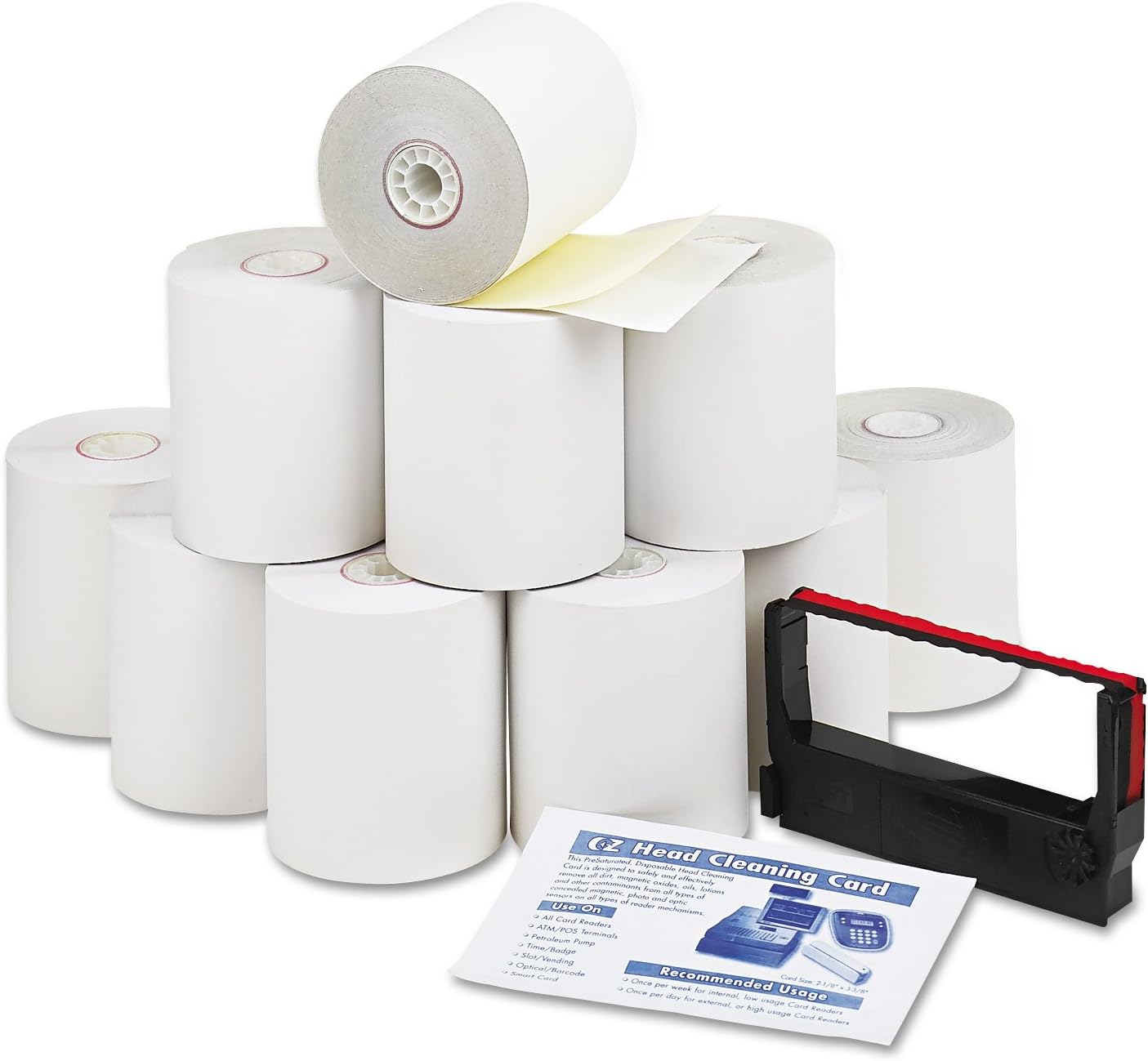 PM Company Perfection Credit/Debit Verification Roll Kit for Verifone 250 Printer, 1 Ribbon and Cleaning Card, White/Canary Rolls per Carton (09300)