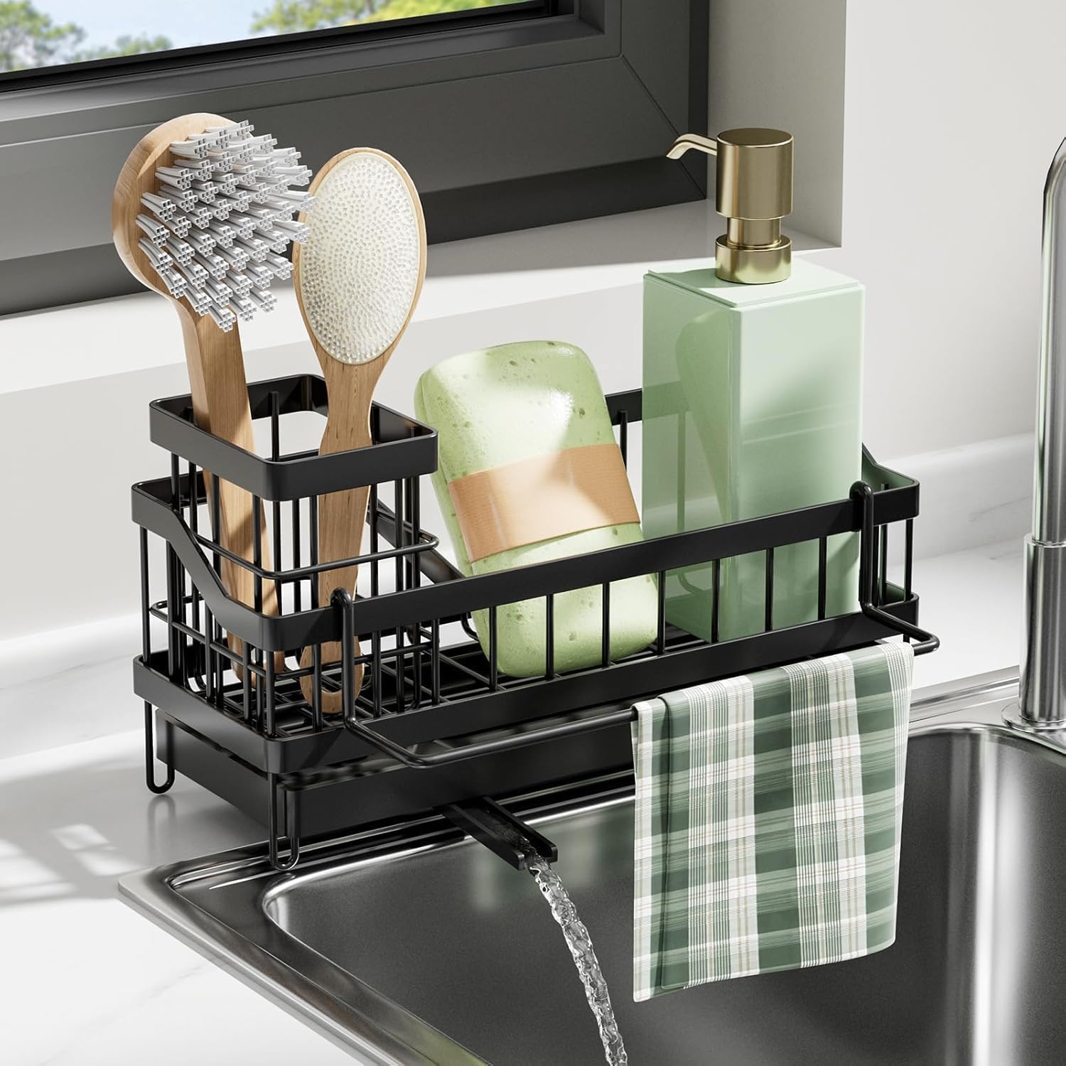 Sponge Holder for Kitchen Sink Sink Caddy with High Brush Holder Organzier Rustproof 304 Stainless Steel Dish Organizer