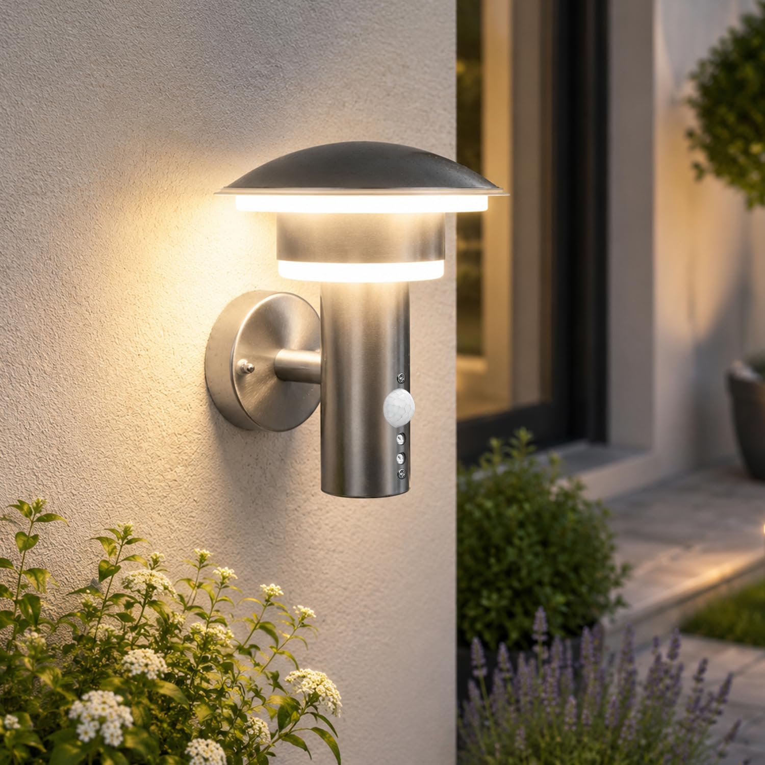NBNHANYUAN Applique Murale Extérieure avec Détecteur de Mouvement, Lampe Murale Extérieure en Acier Inox SUS304, Capteur PIR Réglable, Étanche IP44, Éclairage Extérieure pour Entrée, Jardin, 9W