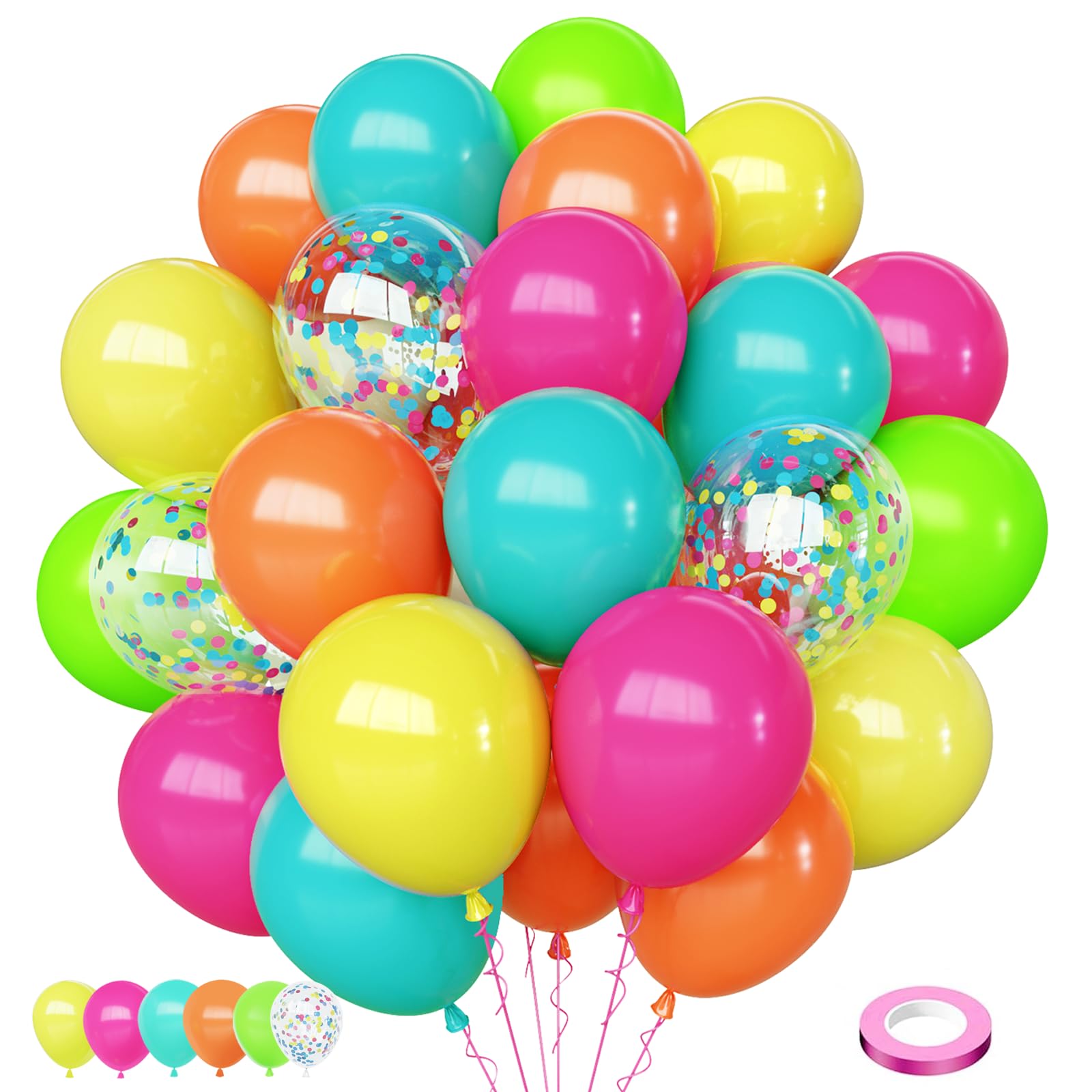 Tropical Hawaiian Balloons Set, 65Pcs 12In Summer Party Luna Balloons with Hot Pink Green Orange Yellow Teal Blue for Hawaiian Luau Summer Birthday Party Decorations