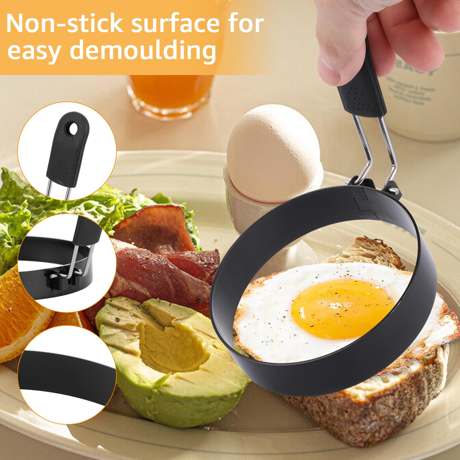 6 stampi per uova fritte neri per la padella 9 cm, 15 cm, 20 cm, in acciaio inox, per uova fritte, frittelle, omelette e molto altro ancora