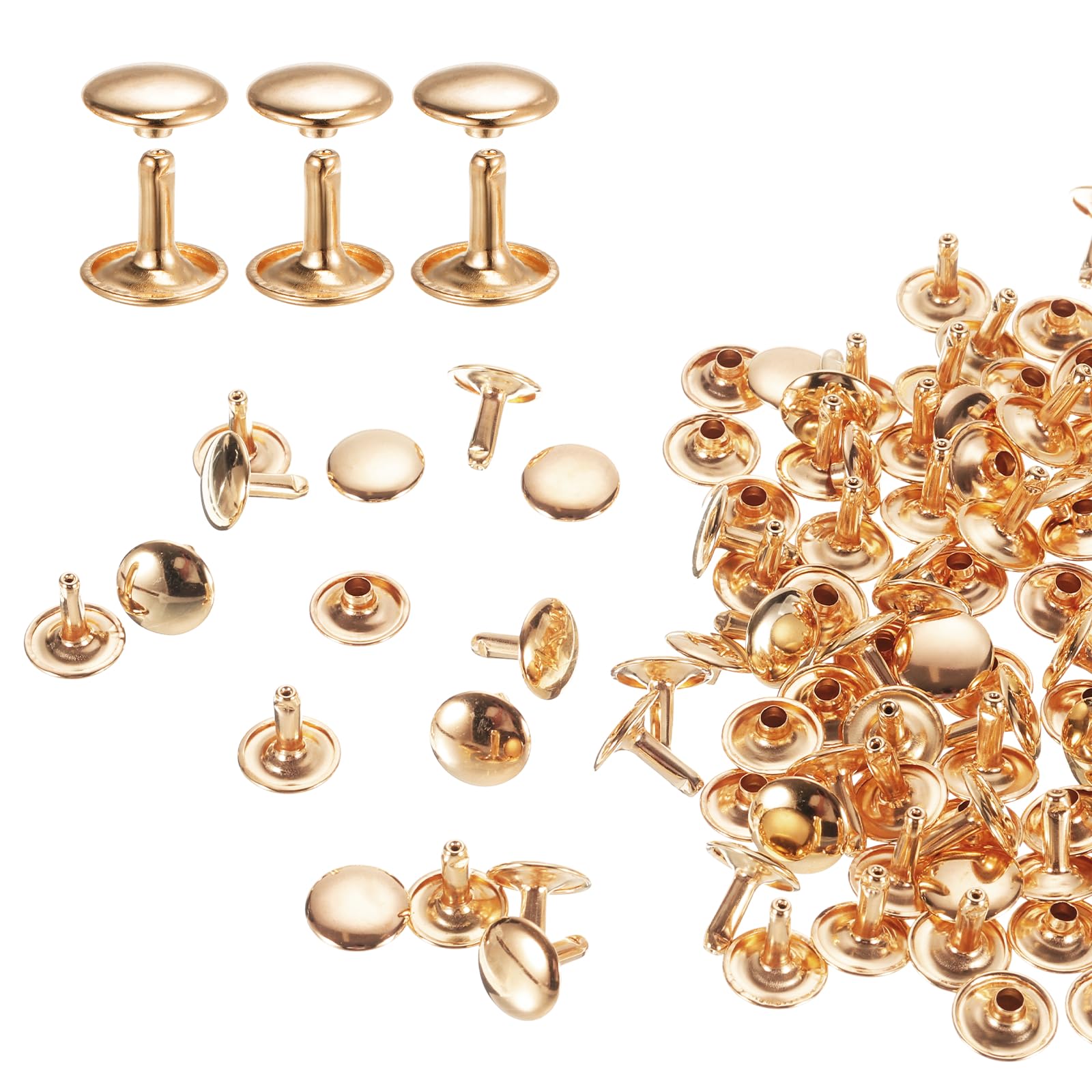 sourcing map 80 Sets Double Cap Rivets 12x12mm Carbon Steel Round Head Snaps Studs Fasteners Tubular Metal Studs for Leather Craft Repairs Decoration, Light Gold