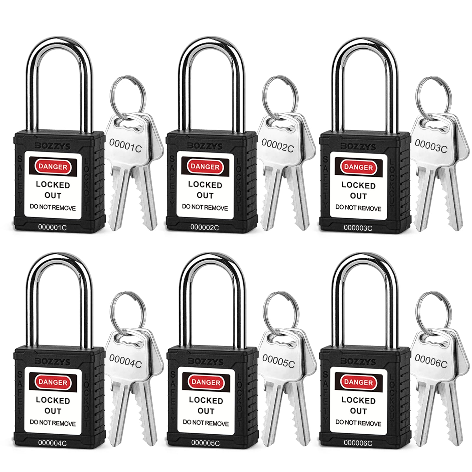 BOZZYS Lockout Tagout Locks 6-Pack｜OSHA Black Loto Locks Keyed Different｜2 Keys/Lock for Industrial Machinery & Electrical Panels｜Chrome Steel & Laser