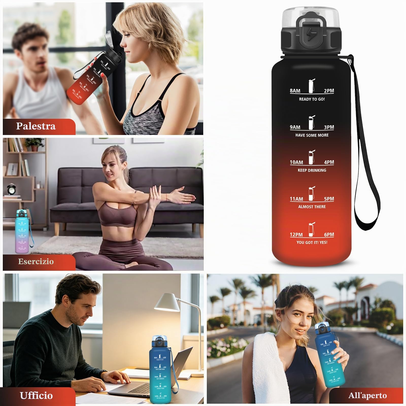 Borraccia 1.5 litri, Borraccia Palestra a Prova di Perdite, Bottiglia Motivazionale con Indicatore del, Facile Pulizia, Borraccie Sportiva con Filtro per Bici, Yoga, Corsa