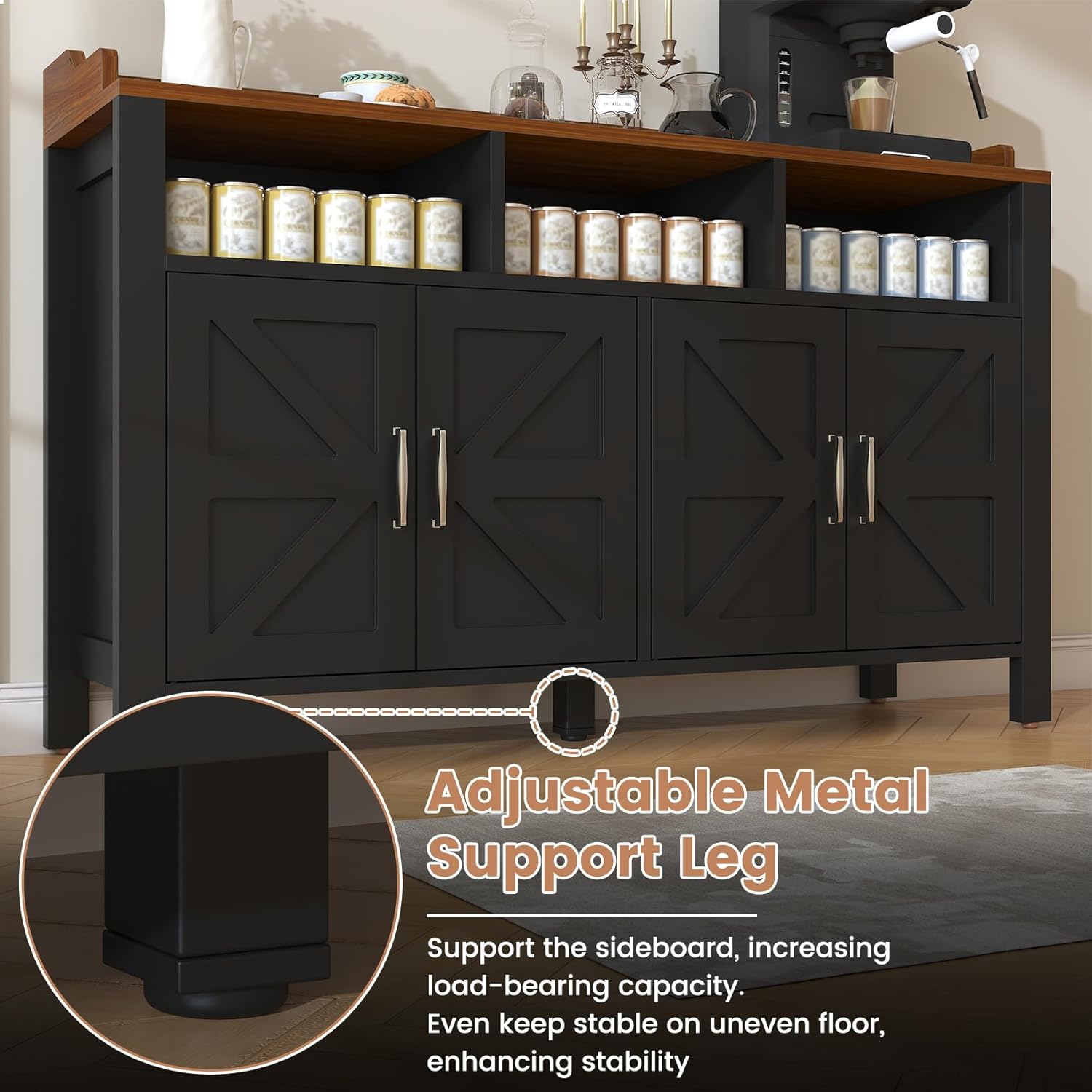 VVFLU Buffet Cabinet with Storage Farmhouse with 4 Doors and 3 Open Compartments, 55'' Large Kitchen Storage Cabinet Black Wood Coffee Bar Buffet Sideboard for Kitchen, Dining Room, Living Room