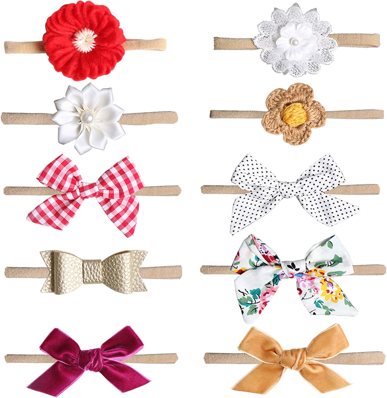 Baby Girl Headbands-Nylon Bows 10 Packs Mix Style Hair Band Accessories for Newborn Toddler and Little Baby (B)
