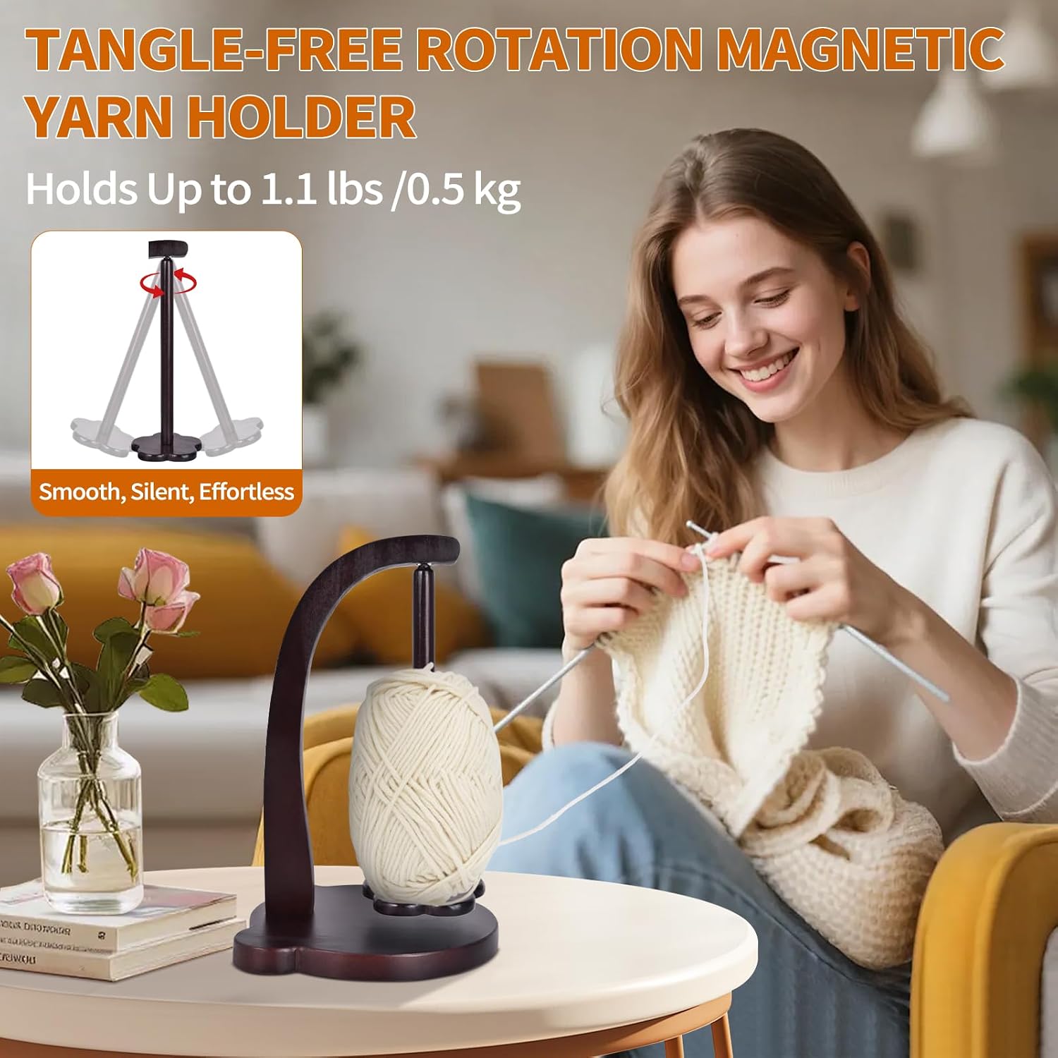 Yarn Holder for Crocheting and Knitting, Wooden Yarn Spinner with Magnetic Rotating Mechanism and Anti-Slip Pads, Crochet Accessories Birthday Gifts for Women Mom Wife Grandma Mother