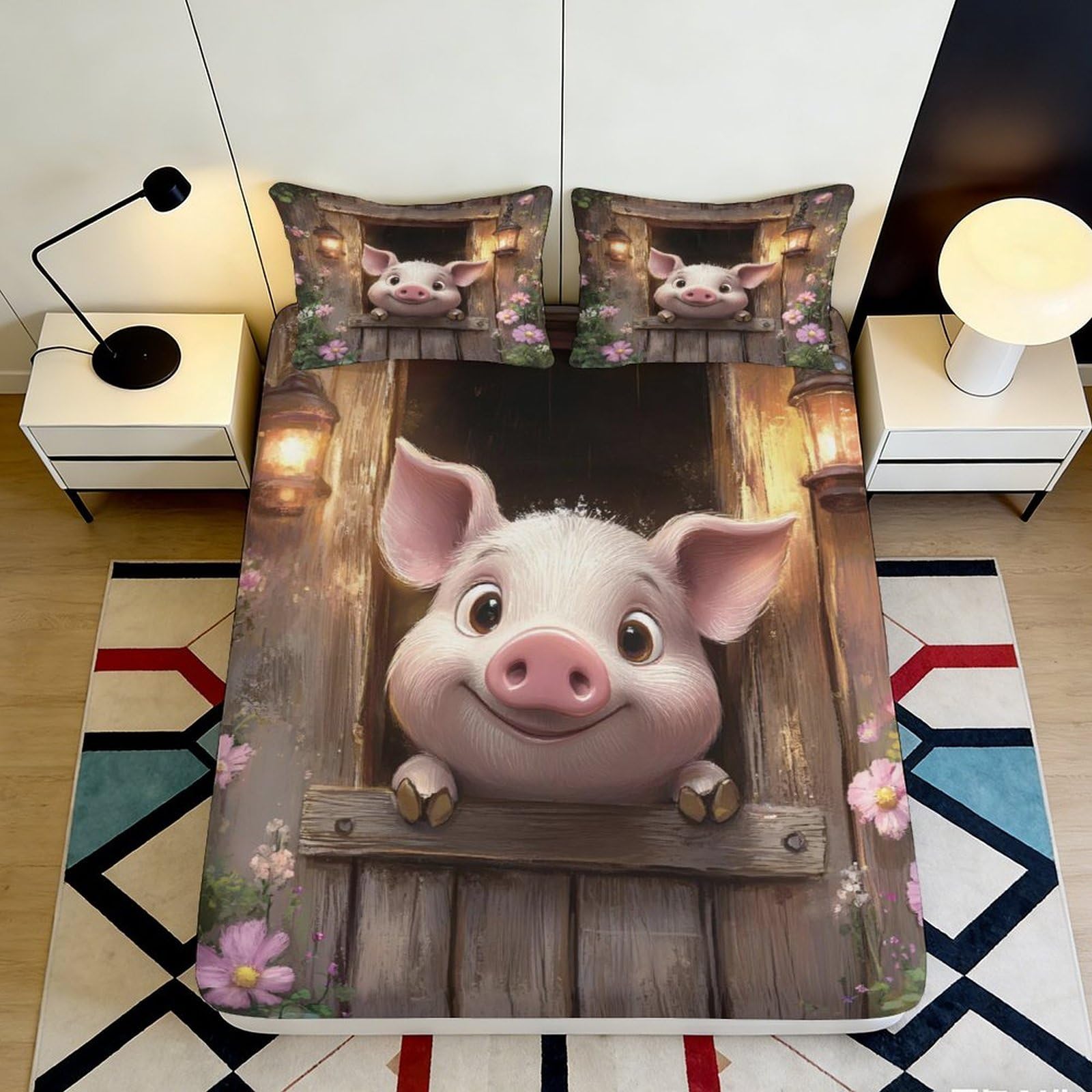 3D Printed Cute Piglet Fitted Sheet Microfiber Soft Durable Cartoon Animal Bed Cover for Bedroom Dormitory Guest Room Mattress Protection 140x200x25cm