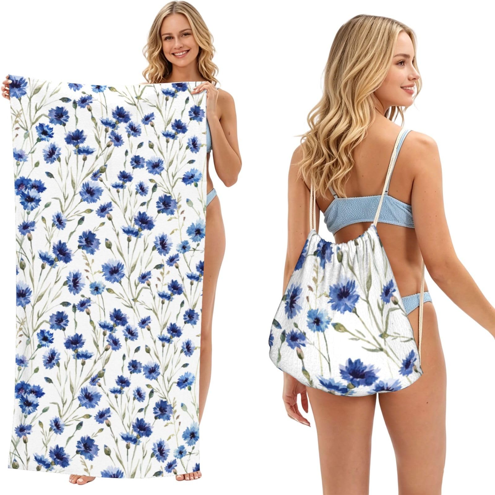 Poadnly As Picture Flower Cornflower, 2 In 1 Packable Towel Bag, Beach Towels With Drawstring Backpack For Travel Holiday Camping