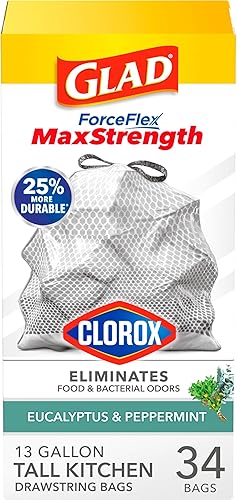 Glad ForceFlexPlus - Bolsas de basura altas para cocina con Clorox, 13 galones, eucalipto y menta, 34 unidades (el paquete puede variar)