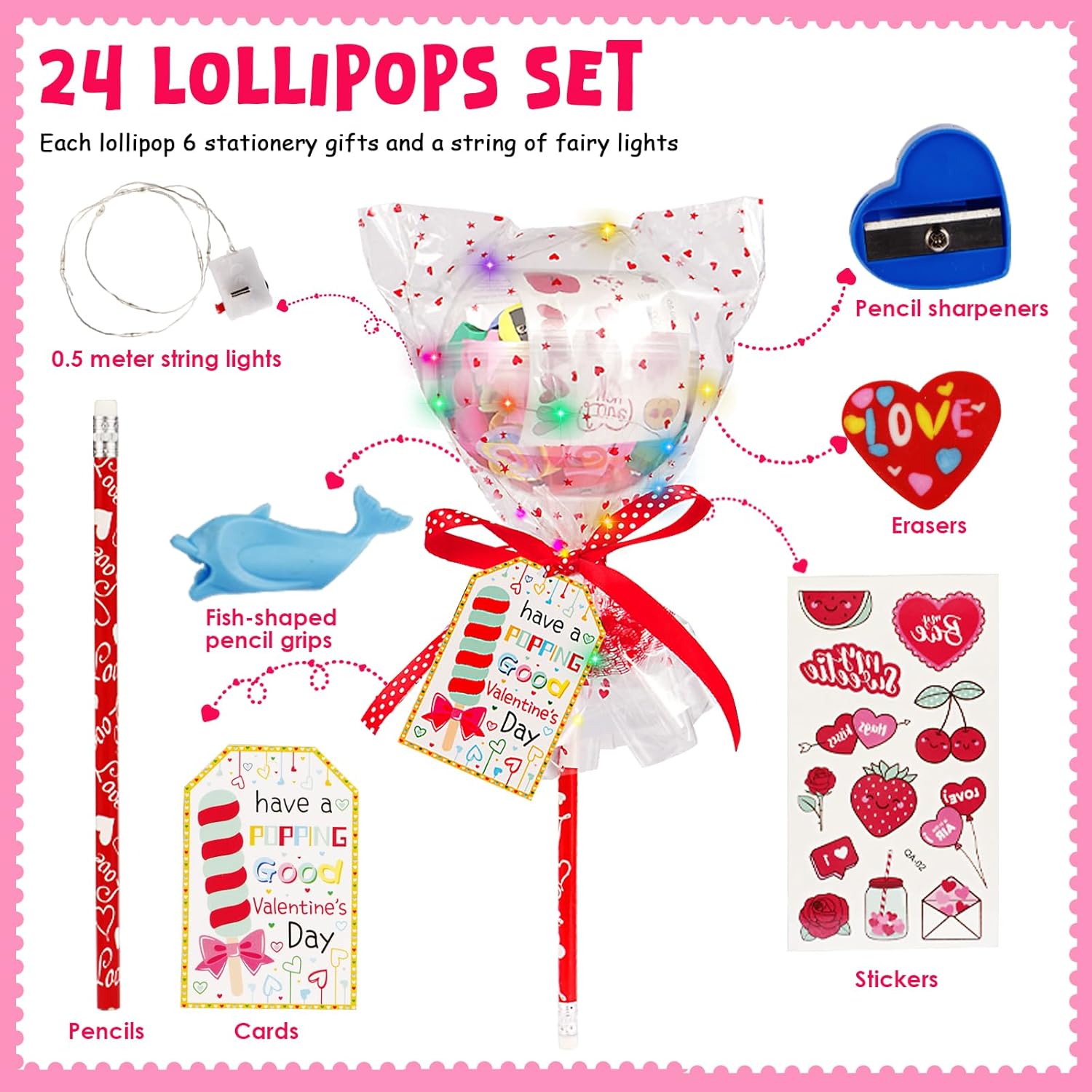 Valentines Day Gifts for Kids - 24 Pack Flashing Giant Lollipop-Shaped Stationery Set with Valentine's Cards Pencils Erasers Stickers Sharpener LED Lights for Classroom Valentines Gift Exchange