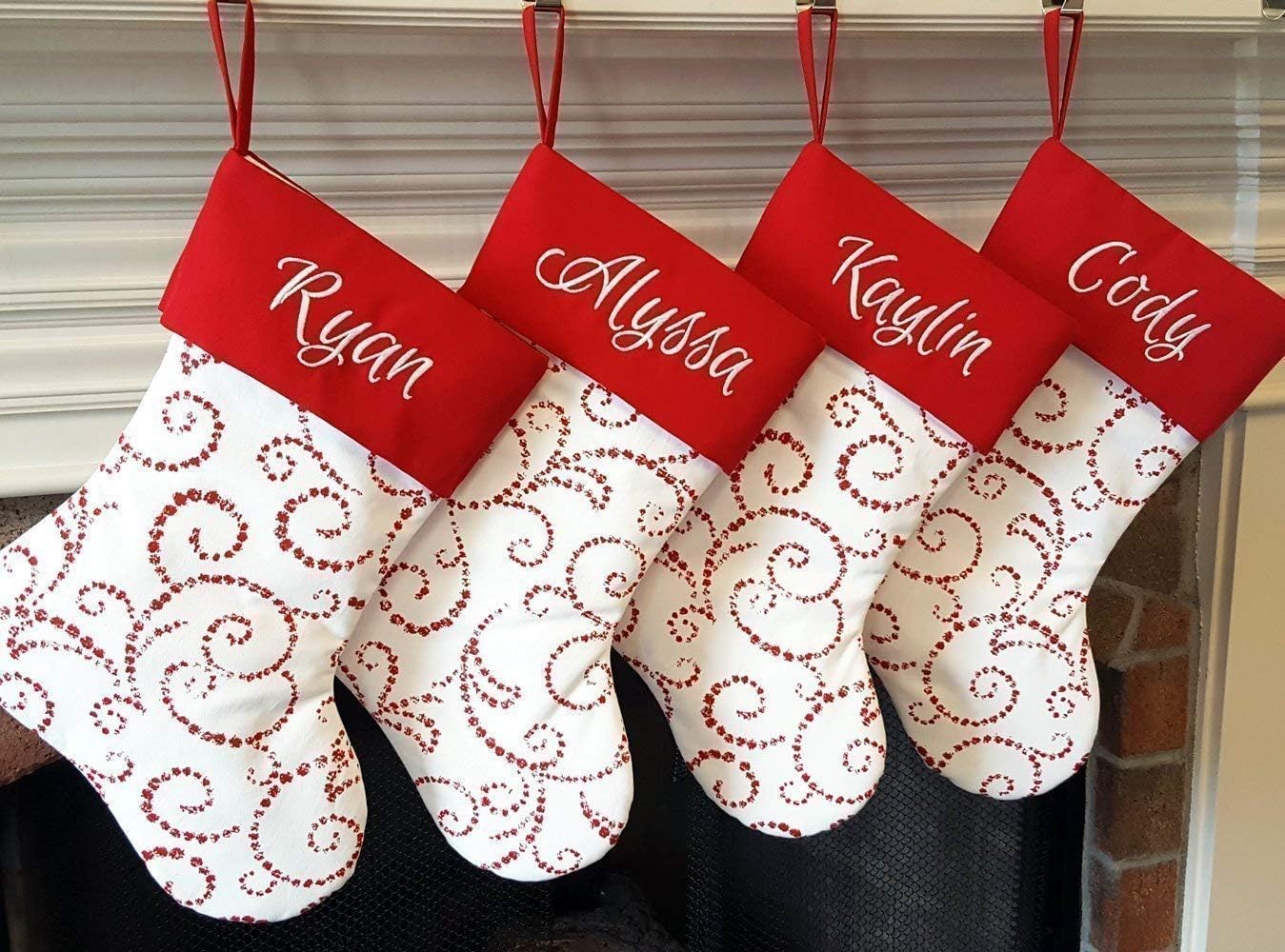 Personalized 19” Christmas Stocking Red & White Classic Whimsical Scroll Design.1 Custom Stocking with Name or Blank