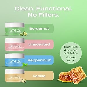 Body Restore Grass Fed Beef Tallow Lip Mask, with Manuka Honey Christmas Stocking Stuffers, White Elephant, Hydrating Moisture, Travel Essentials, Self Care, Birthday Gifts for Women, Men Bergamot