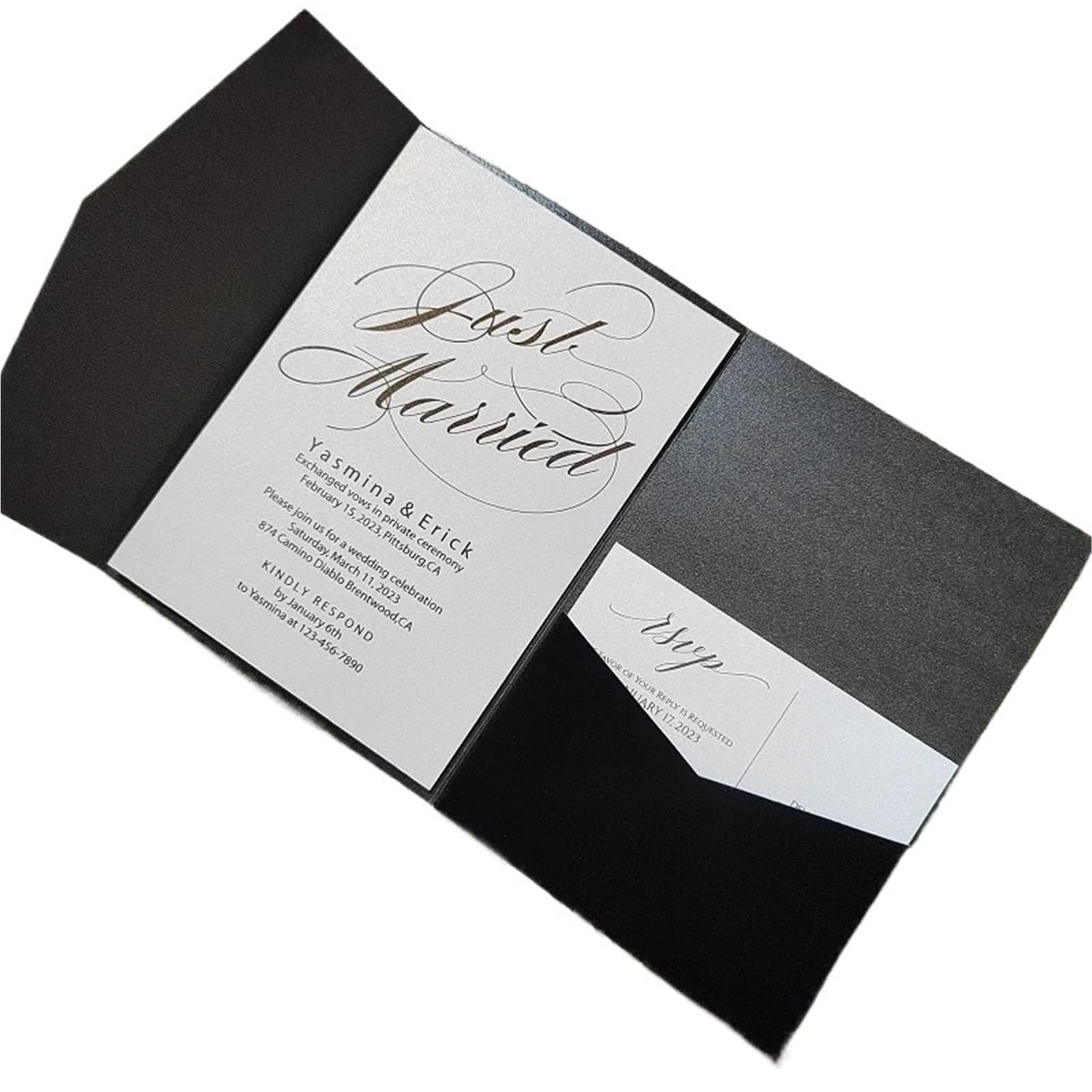 Hochzeitskarte 25 Stück schwarzer Samt-Einladungskarten-Taschenordner, Trifild-Ordner, Samt und schwarzes Perlglanzpapier