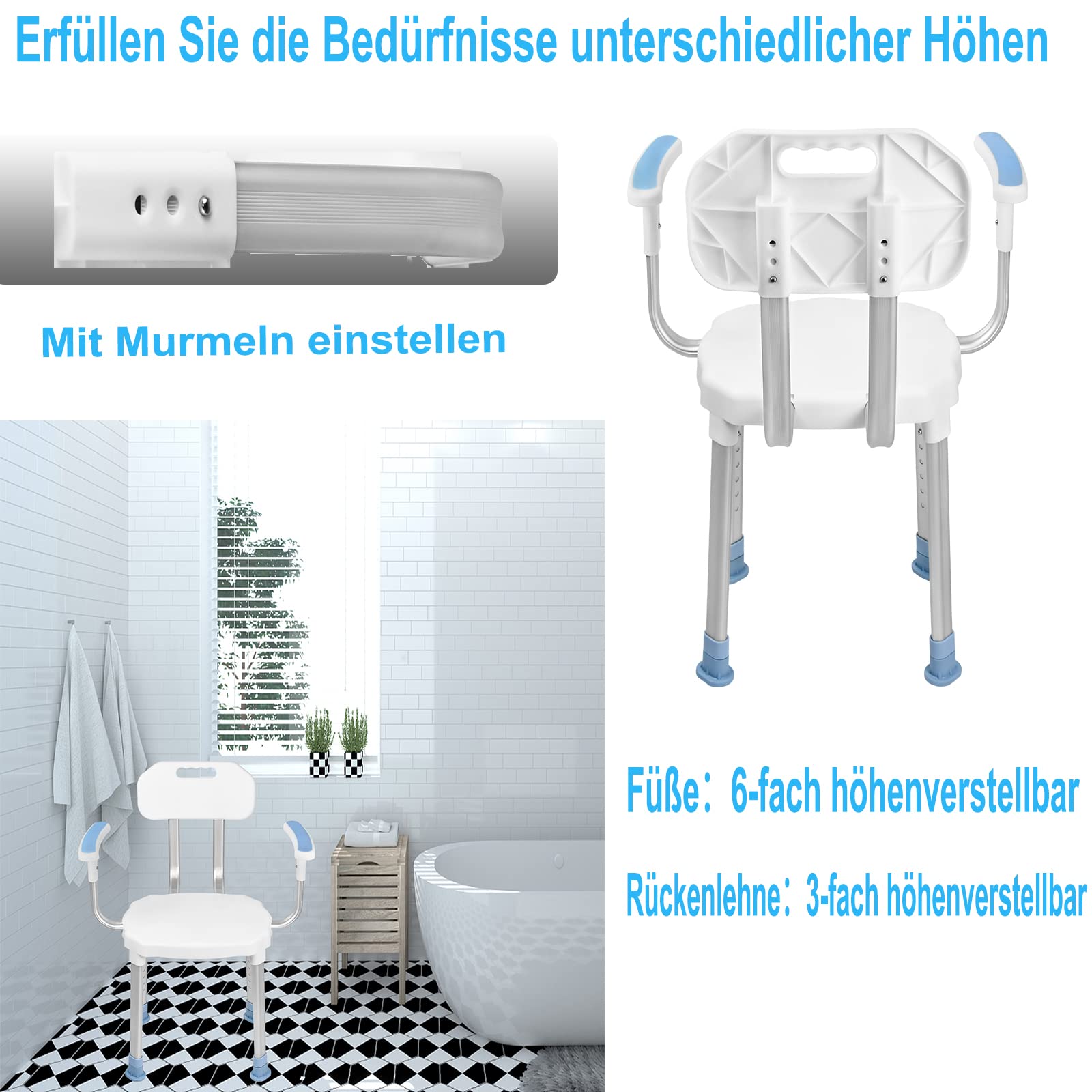 Aufun Silla de Ducha con Respaldo y reposabrazos,Antideslizante,Taburete de Ducha Regulable en Altura,Silla de Ducha para Mayores- Tipo C,Blanco,CST-3066
