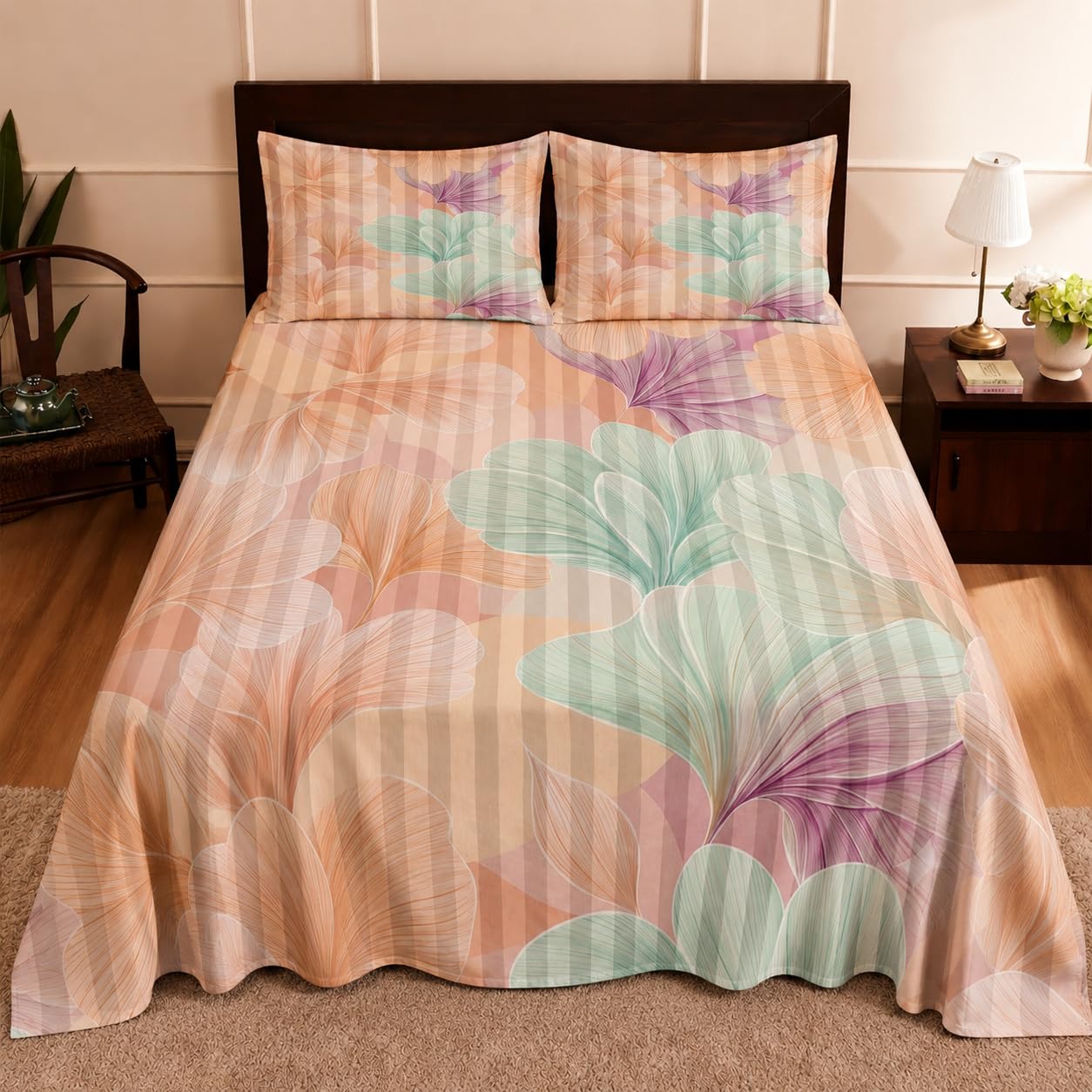 Cotton Digital Print Bedsheet with 2 Pillow Covers | Printed Double Bedsheet | 100% Cotton | 160 TC | King Size with 2 Pillow Covers | Orange Floral Design