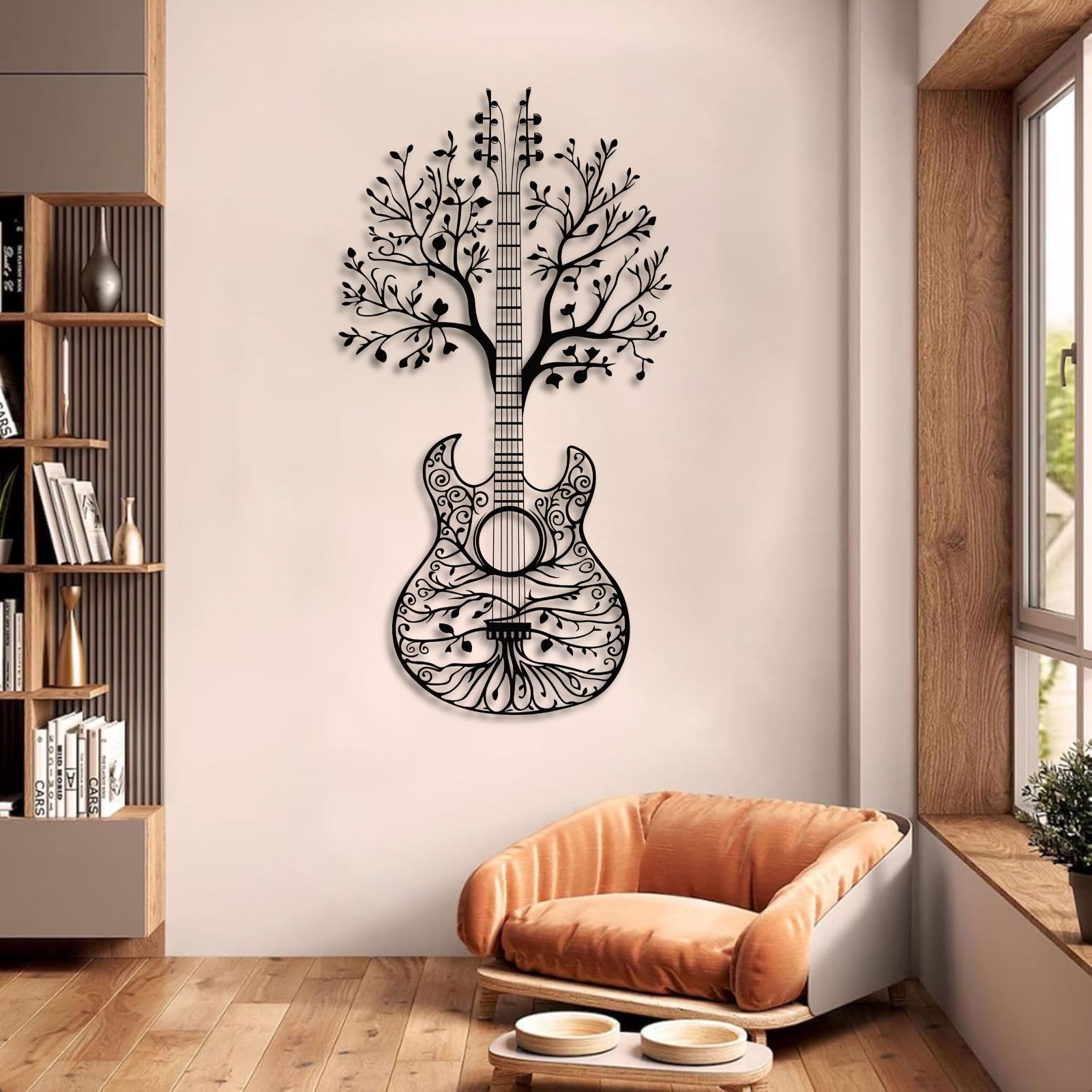 Arte murale in Metallo Nero Albero della Vita Chitarra Metal Musica Natura Studio Arte Decorazione murale Albero della Vita Chitarra Decorazione Scultura Moderna per Soggiorno Camera da Letto Corrido