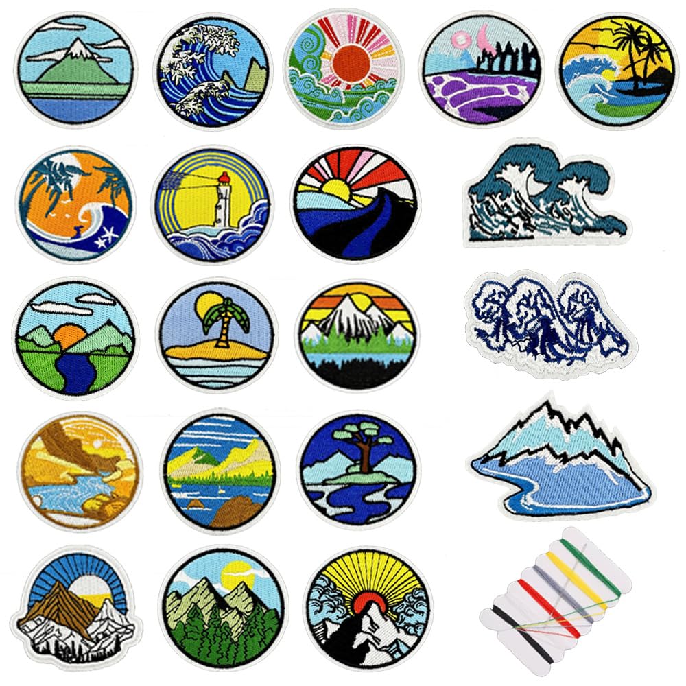 20 PCS Camping Patches Adventure Outdoor Embroidered Hiking Applique Iron on Sew on Patches for Backpacks,Pants,DIY Decoration Bags Jackets Vests Coat Uniforms Clothes Jeans Dress Hat