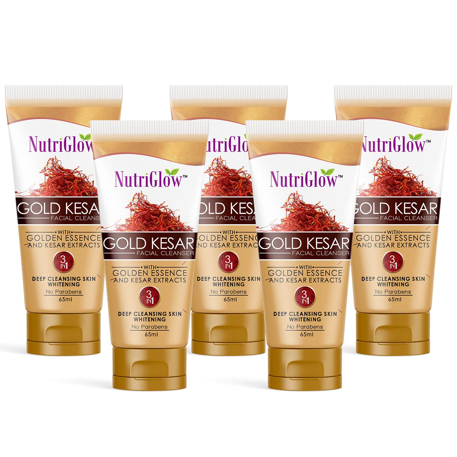 Gold Kesar Face Wash, Deep Cleansing & Radiance Boost, Sulphate & Paraben-Free, All Skin Types, 65ml Each (Pack of 5)