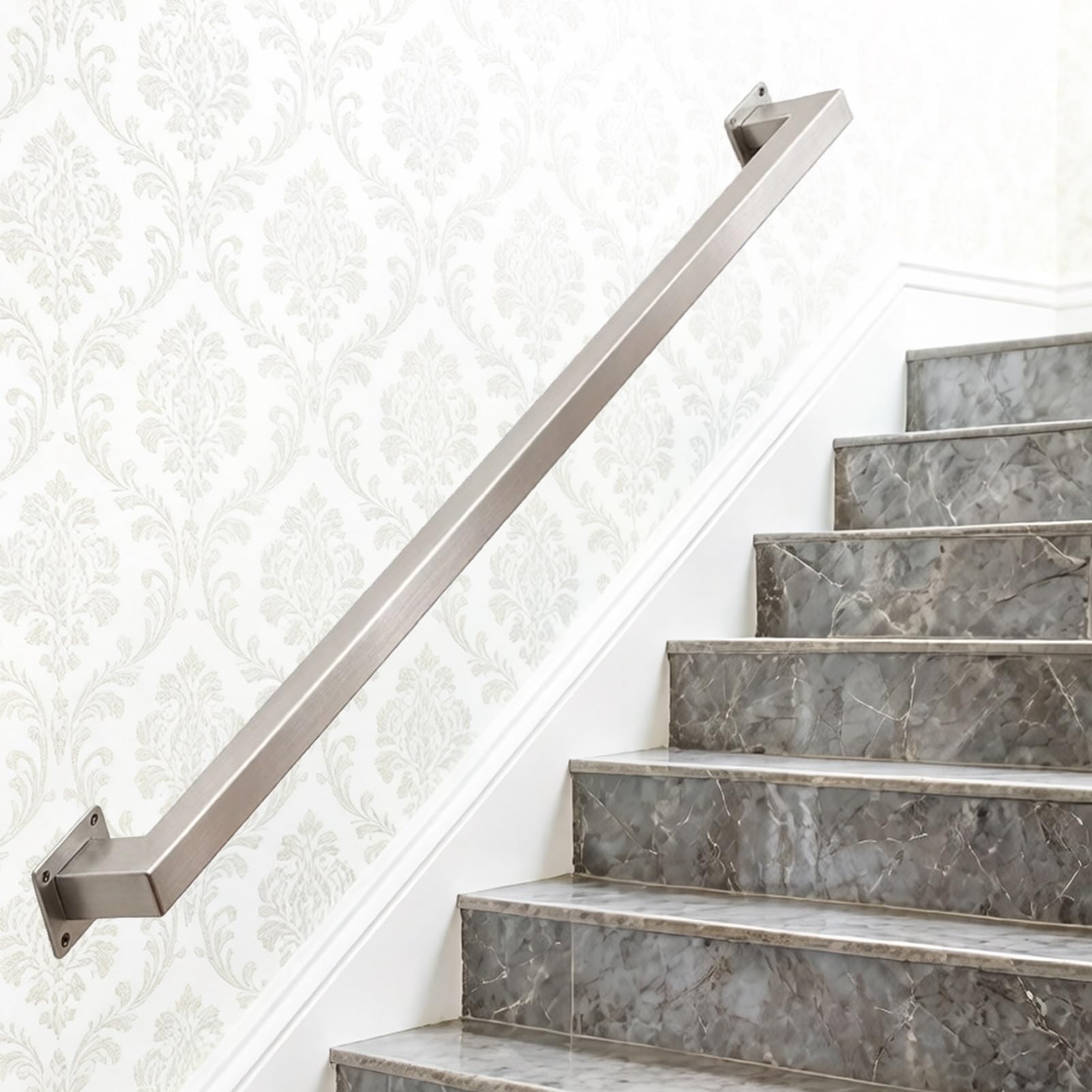 Industrial Metal Handrail Stainless Steel Square Tube Silver 1FT 2FT 5FT 10FT 12FT Wall Mount Stair Railing for Exterior Outdoor Steps Heavy Duty Grab Rail(12ft/360cm)