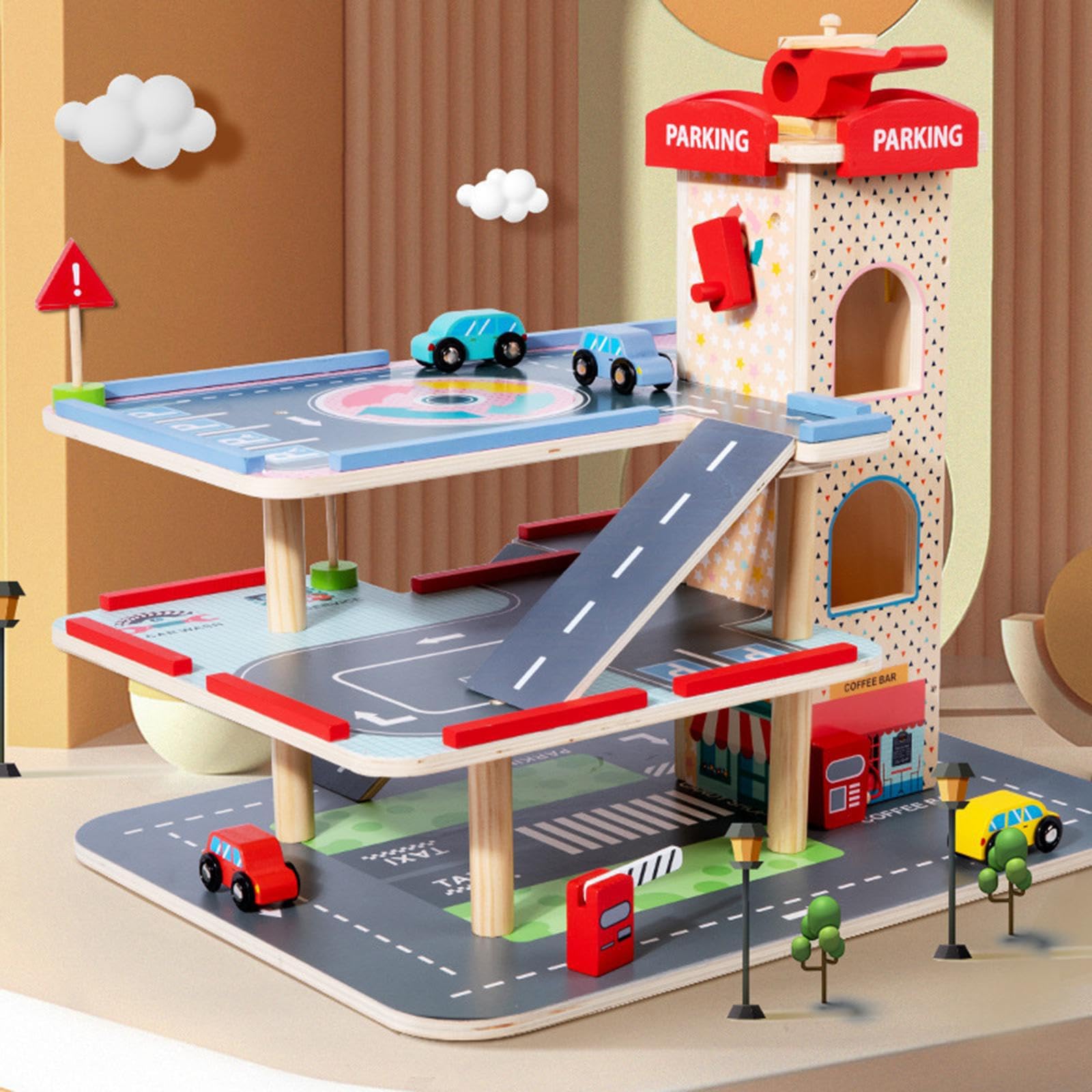 QUXVUIS Spielset „Offenes Spielen und Erkunden“: Fahrzeuggarage für Kleinkinder, Rennwagen Parkplatz, Spielhaus Spielset, Entdeckungszeit, Lernspiele,