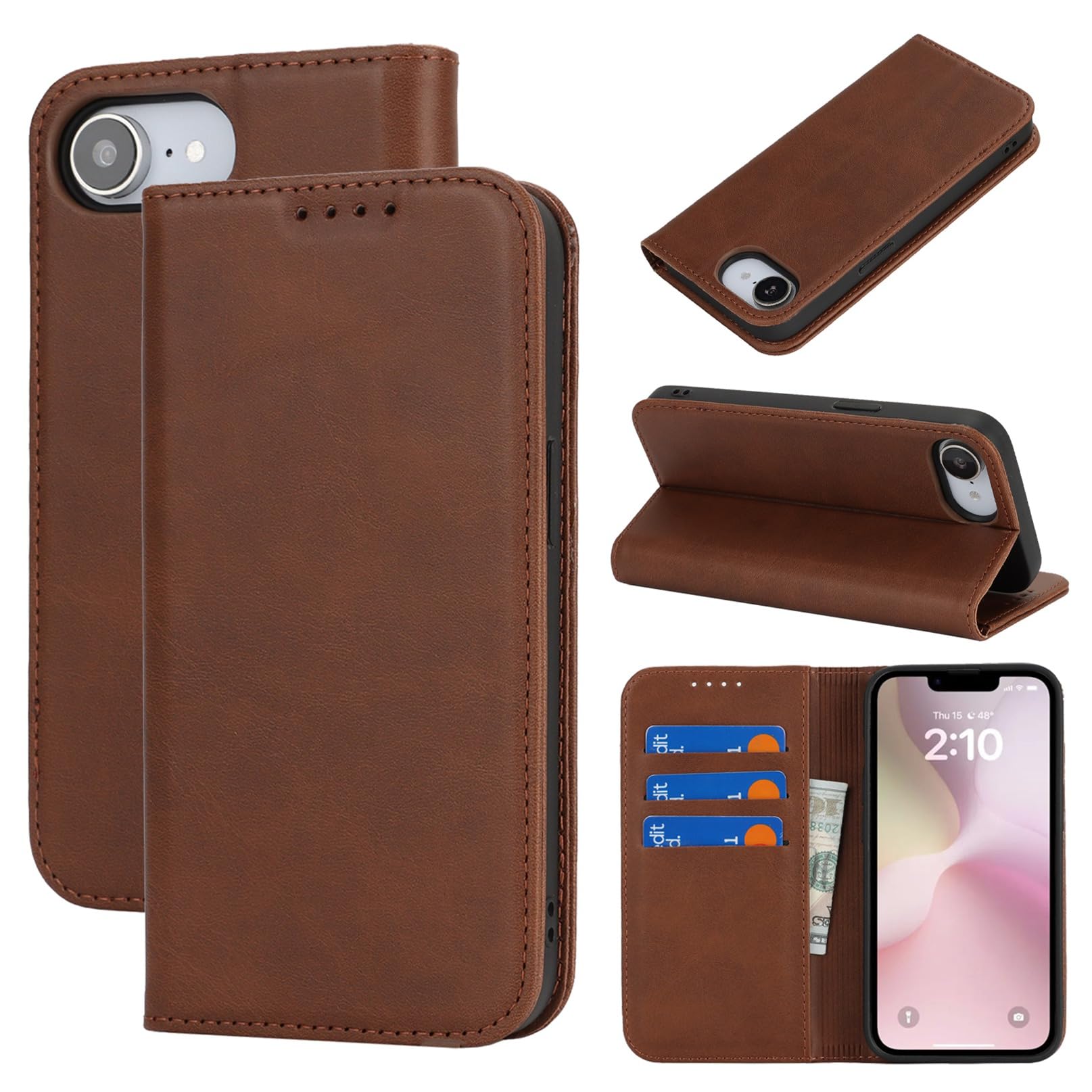 Jaorty Wallet Case for iPhone 16e/17e,Premium PU Leather Flip Folio Case for iPhone 16e/17e with Card Slot,Kickstand Magnetic Closure TPU Shockproof Interior Protective Case,6.1 Inch,Brown
