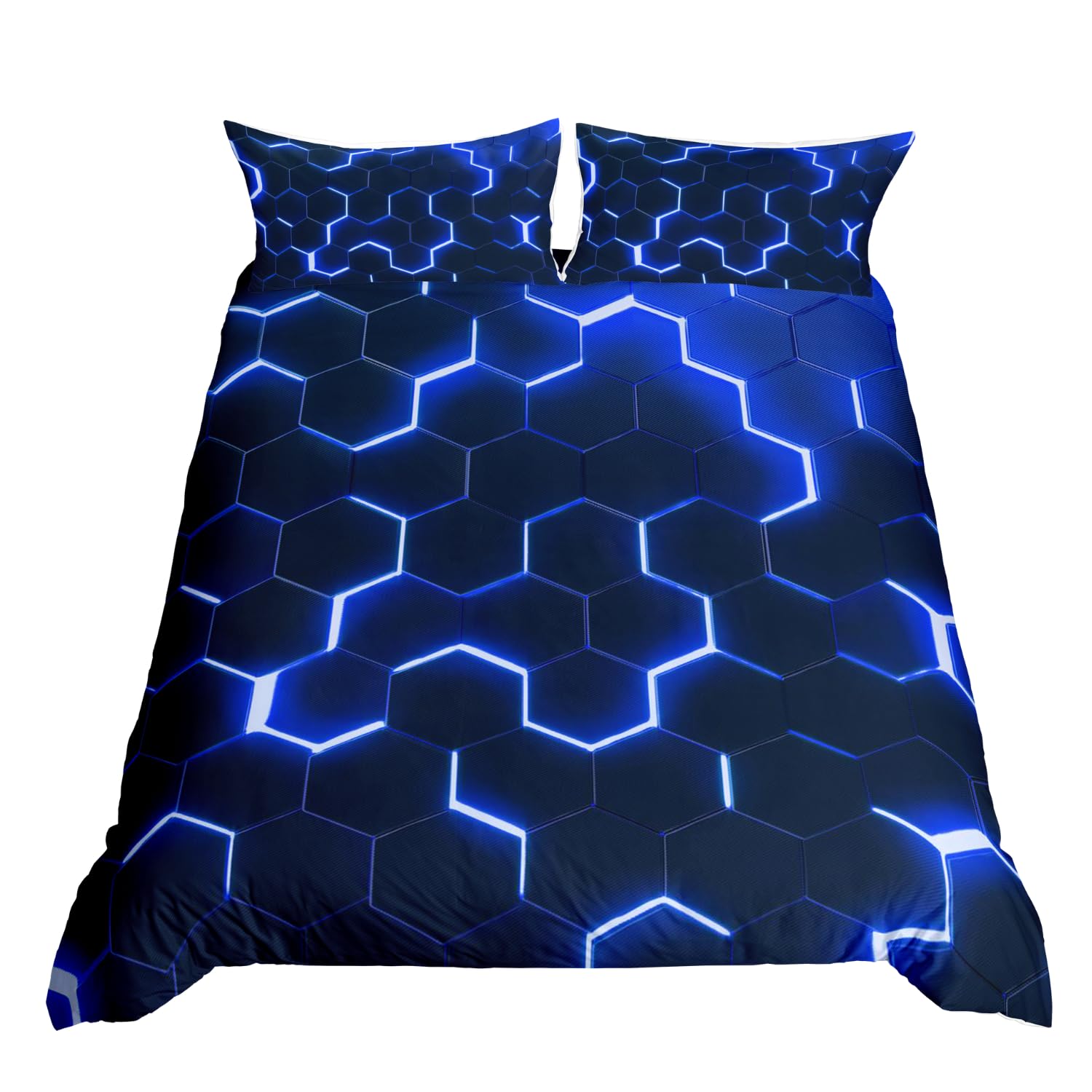 Homewish Honeycomb Comforter Cover Neon Light Geometric Bedding Set Single For Kids Boys Teens, Hexagonal Duvet Cover Soft Microfiber Quilt Cover Zipper 1 Pillow Case Blue Black Room Decor