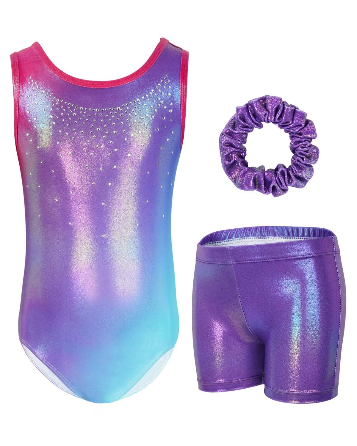 Gogokids - Set da ginnastica in 3 pezzi, con scollo a Y, senza maniche, con pantaloncini e fascia, con motivo a blocchi di colore blu e viola, 3-12 anni