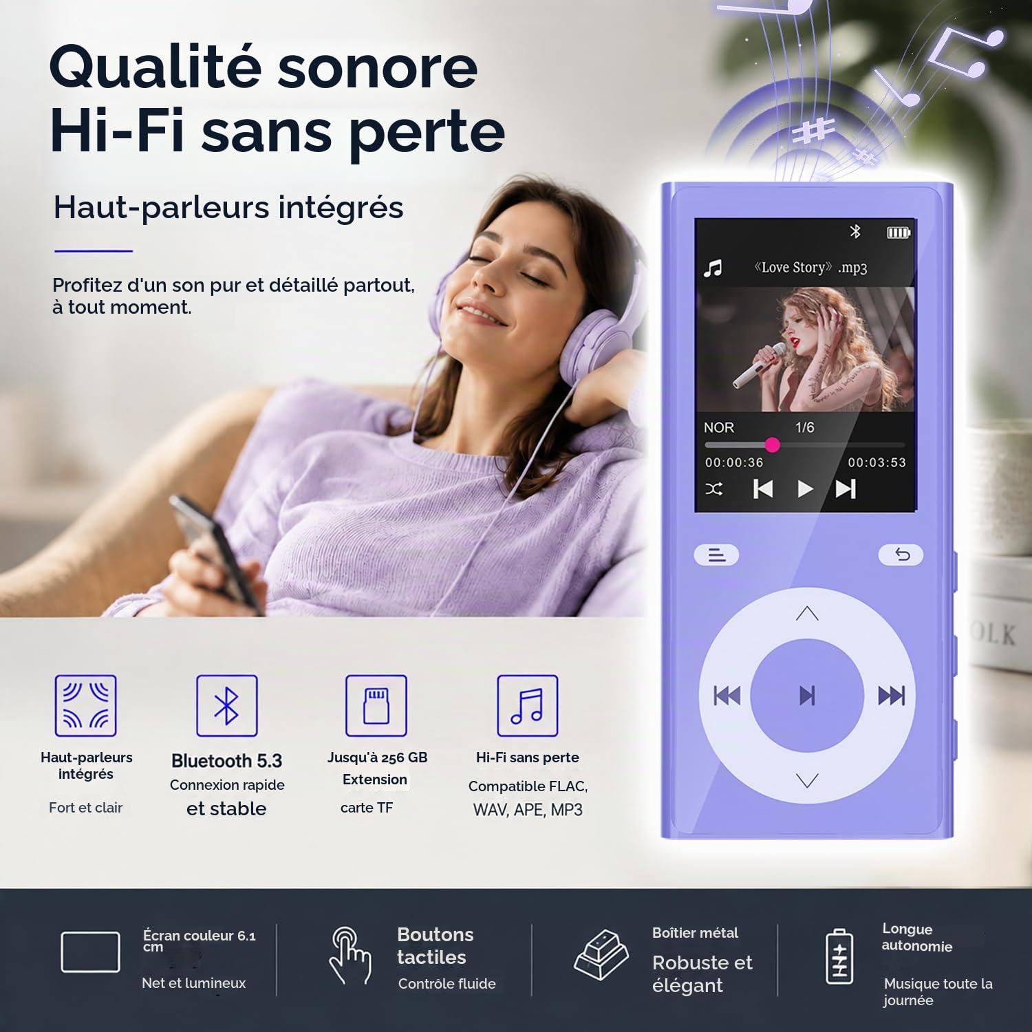 90Go Lecteur MP3 Bluetooth 5.3, MP3 Player avec 2 Emplacements Cartes TF