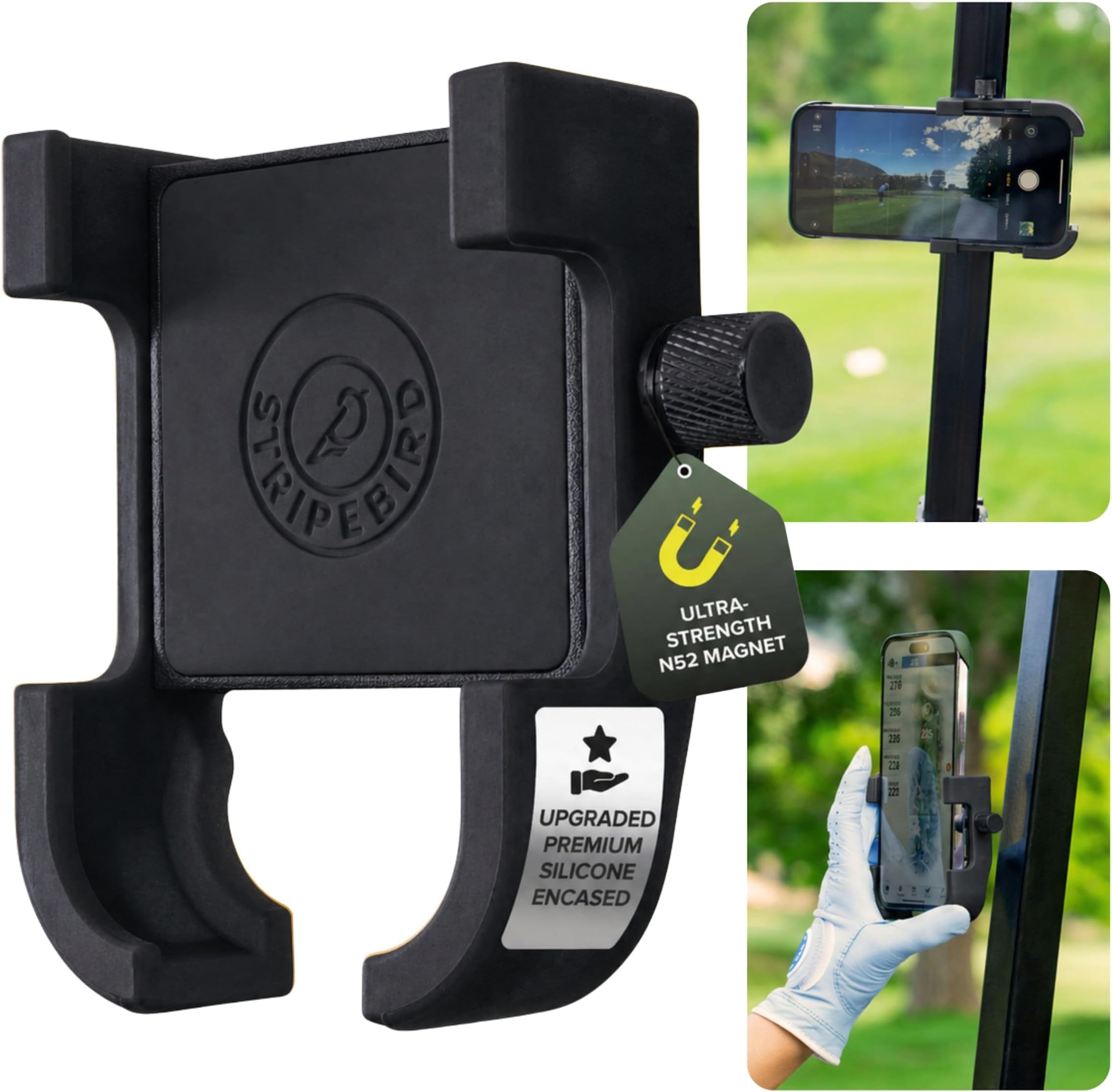 Stripebird - Original Golf Magnetic Phone Holder (Stealth Black) - for Golfers with Phones - Slim Smartphone Mount - Store & Access Device While You Golf - Ultra Strength Magnet Cell Phone Caddy