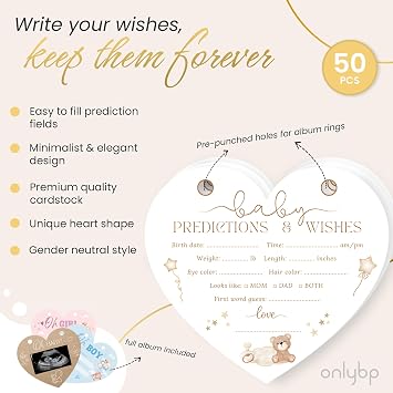 OnlyBP 50 Baby Shower Predictions Cards Heart Shaped Album Fun Baby Shower Games & Guest Book - Gender Neutral Boy or Girl - Baby Shower Decorations - Keepsake with Rings