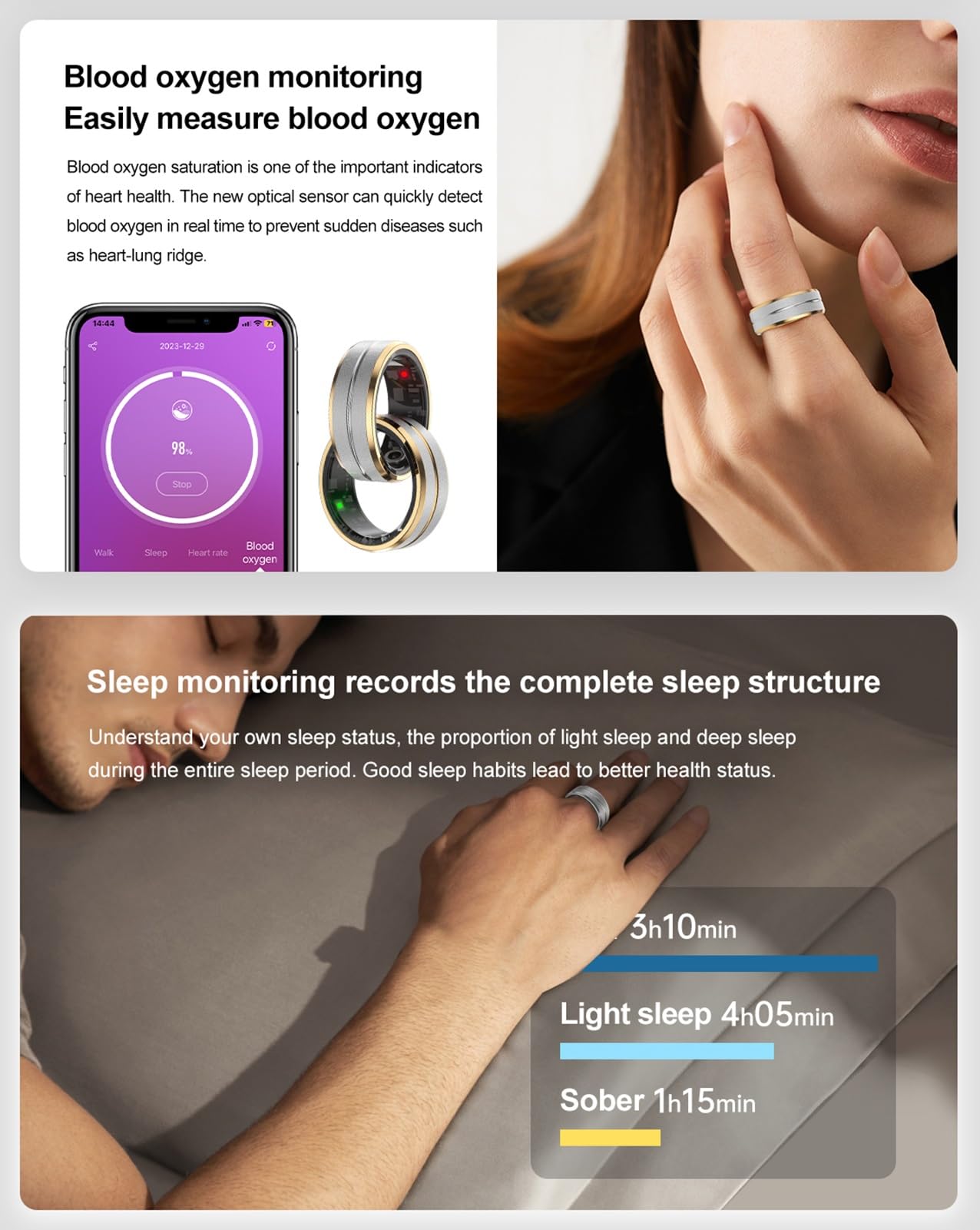 Anillo de Uso Inteligente Seguimiento del Sueño Saludable Monitoreo de la Salud a Prueba de Agua Sensor de Frecuencia Cardíaca Monitoreo Multimodo Durante Todo el Día(Silver,12#)