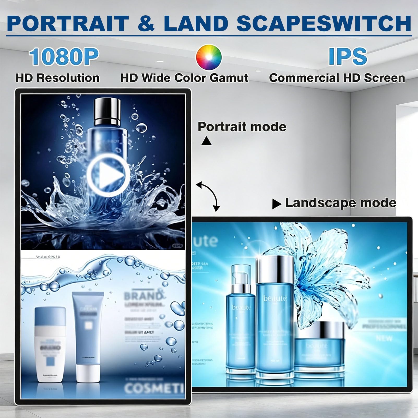 Schermo pubblicitario commerciale a parete per digital signage 32in | Display IPS ultrasottile con funzione split-screen (schermo diviso) e timer di accensione/spegnimento