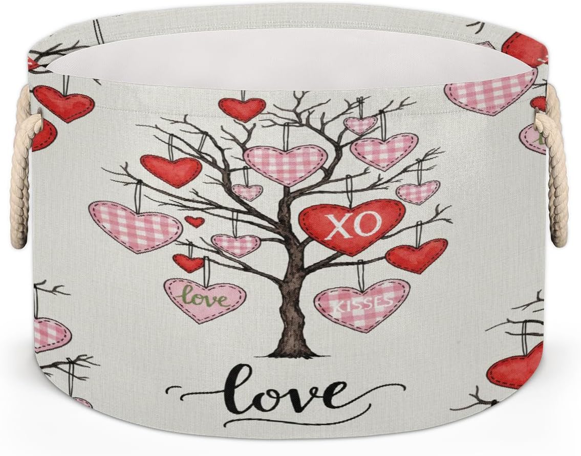 Large Storage Baskets - Valentines Tree Nursery Round Collapsible Organizer Bin Box, Laundry Hamper for Kids Toys, Blanket, Bedroom Living Room Home Decor, Gift Basket, 19.4"x13.3"