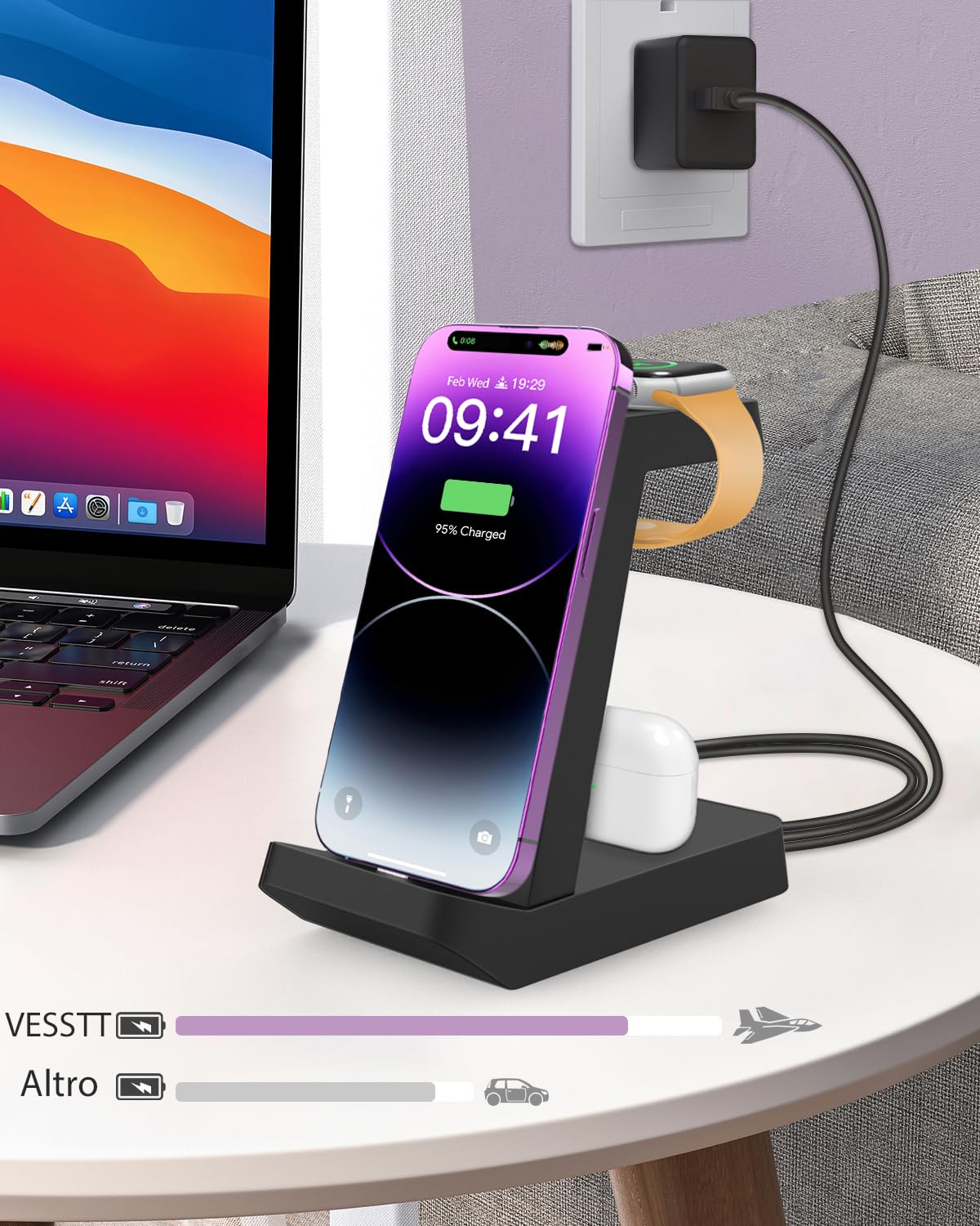 Caricatore iphone 3 in 1 per Apple: Stazione Ricarica per iPhone 14/12/13/11/Pro/Max/XS/XR/X/Mini, Earphones 3/2/1/Pro, Ricarica Wireless per Watch 8/7/6/5/4/3/2/SE (Nero)