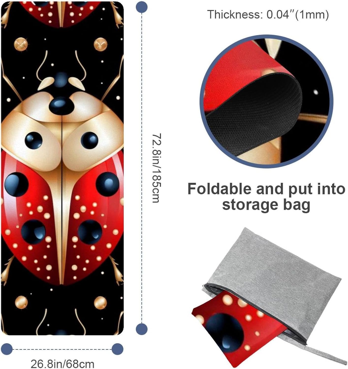Yoga Towel, Ladybug Pattern Non Slip Sweat Absorbent Hot Yoga Mat Towel for Hot Yoga, Pilates and Fitness - 72.8" x 26.8"
