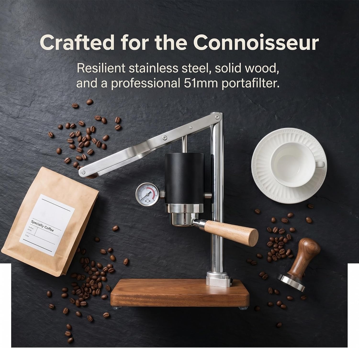 Macchina per caffè espresso manuale con manometro, portafiltro da 51 mm, base in legno, perfetta per realizzare caffè di qualità da barista a casa