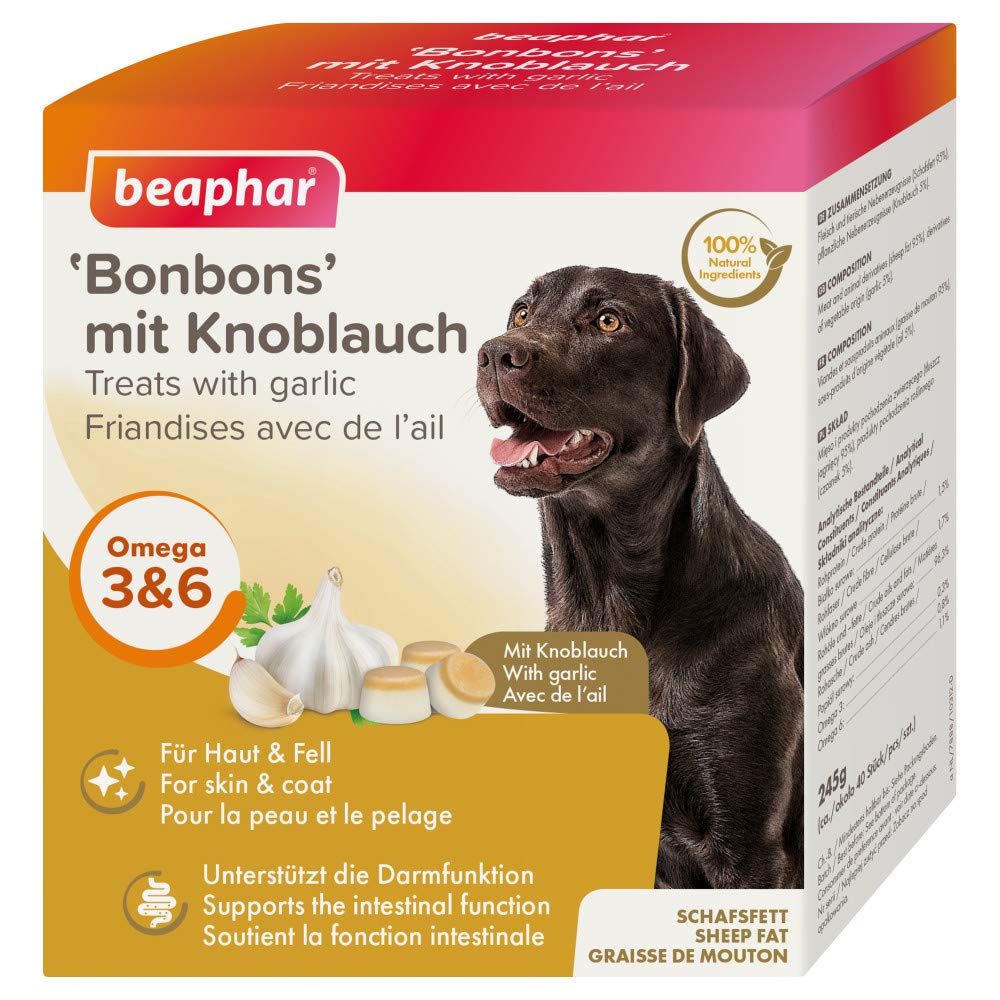 BEAPHAR - "Cukierki" z czosnkiem - dla psów - z tłuszczem owczym, czosnkiem - wspomaga zdrowe futro, trawienie - 40 cukierków - 245 g