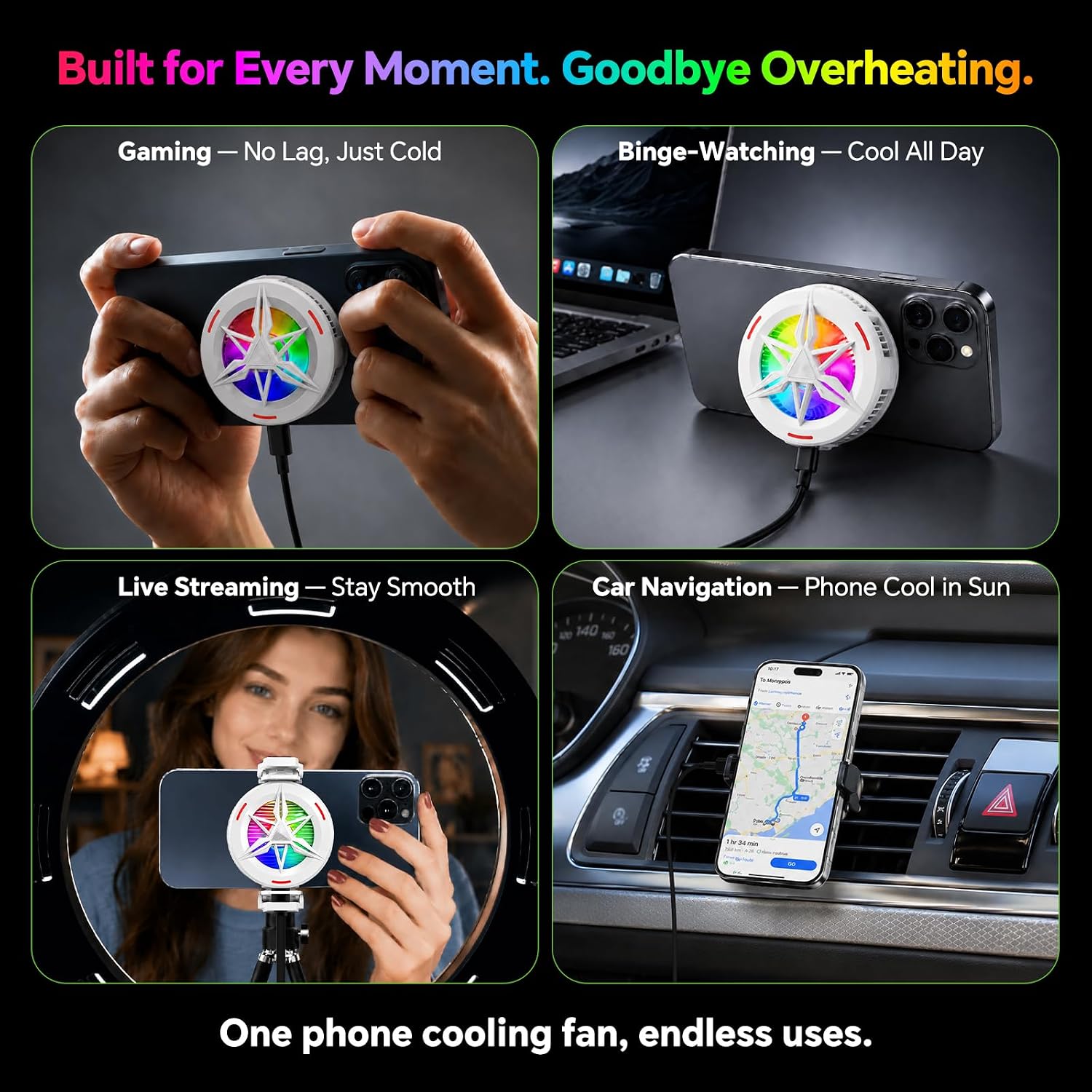 Basics RGB Magnetic Phone Cooler, Low Noise USB Gaming Cooling Fan, Magnetic Ring & Clip Compatible with iPhone/Andriod Phone