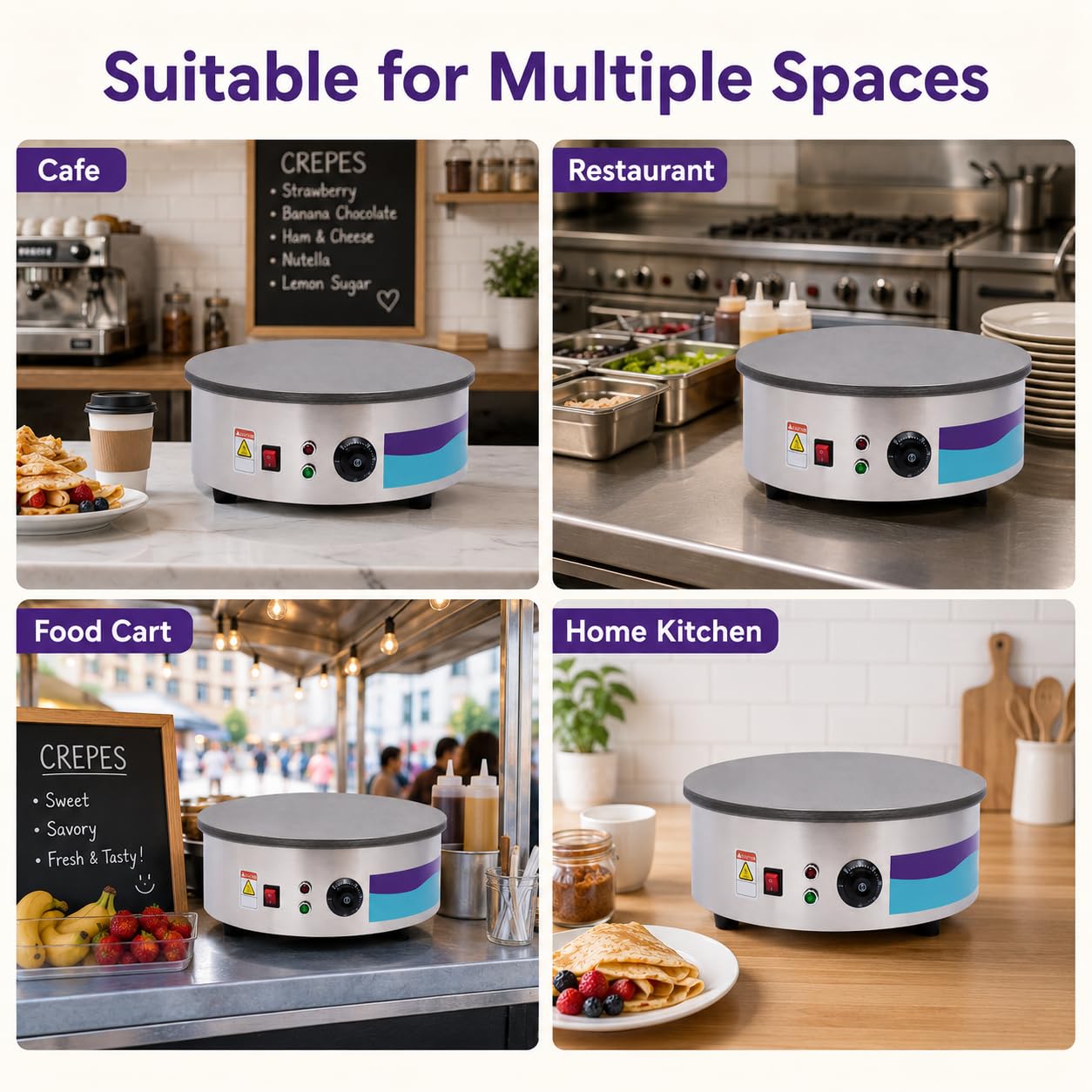 Máquina de crepe eléctrica de 2800 W, crepe, temperatura ajustable con espátula de madera, crepera, apta para familias, cafeterías, restaurantes
