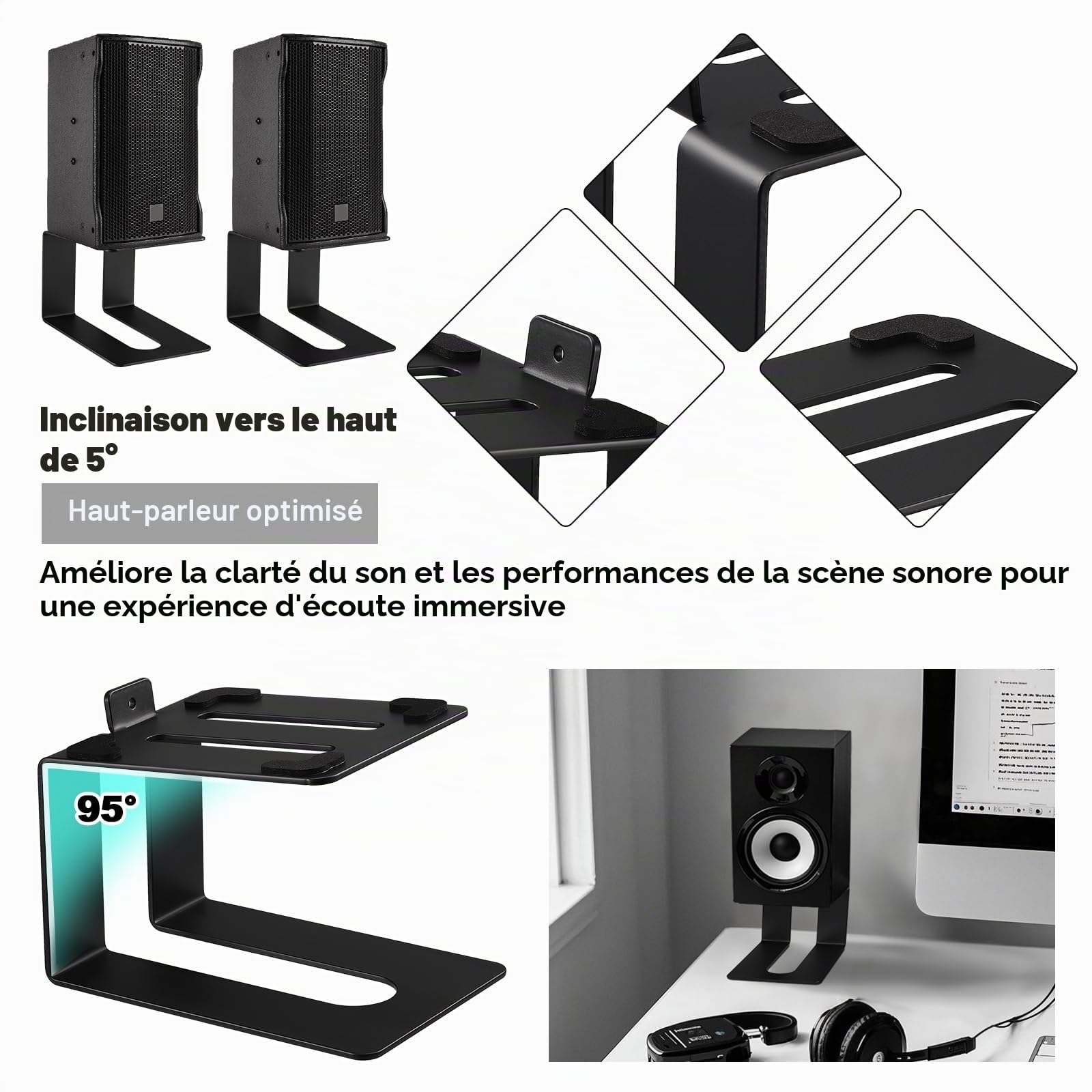 2 Supports de Haut-Parleurs de Bureau, Support de Moniteur de Studio Professionnel Anti-Vibration, Capacité de Charge 20kg par Supports d'Enceintes de Bureau Pieds Enceintes, Inclinée 5°（B）