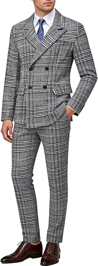 Mens Houndstooth and White Buffalo Plaid Houndstooth Blazer Pants 2 Pieces Set Double Breasted Suit Buttons Peak Lapel Prom