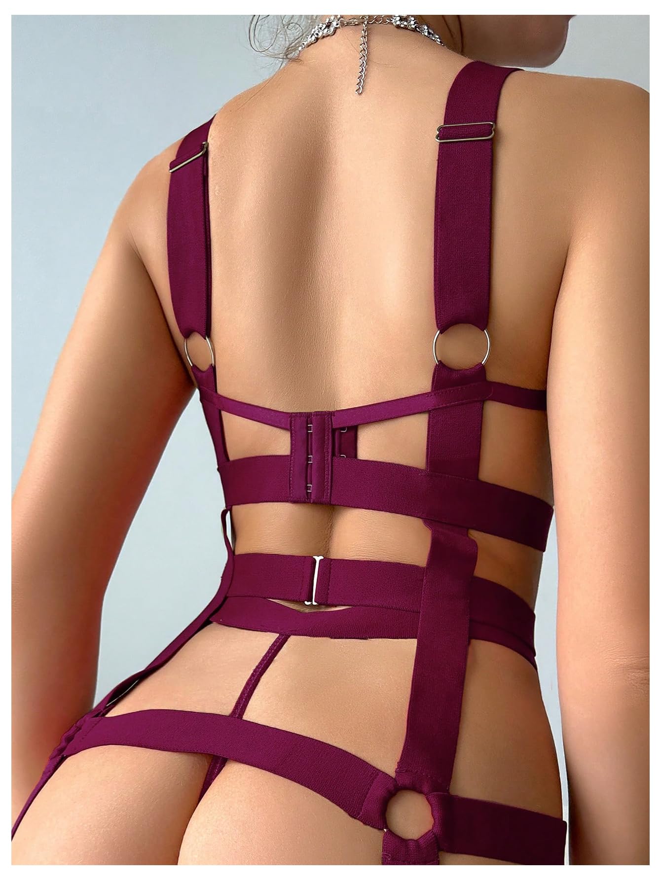 SOLY HUX Lingerie Set for Women 4 Piece Cutout Underwire Lingerie Set Bra and Panty with Leg Ring: Large Pure Red Violet