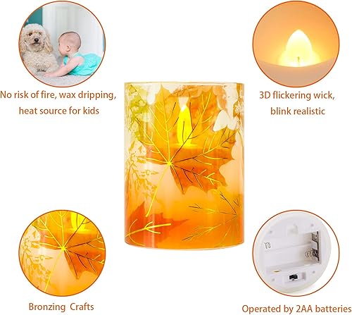 Miniatura 5 de Velas sin llama de otoño, velas LED de hoja de arce otoñal con control remoto y temporizador, velas de cera real parpadeantes realistas para fiestas