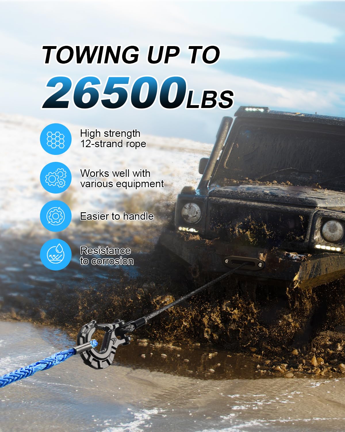 Kolvoii Extensión de cuerda de cabrestante de 3/8 pulgadas x 92 pies, 26.4 libras, línea de cable de extensión sintética para vehículos todoterreno, ATV, UTV, camión, etc. (azul)