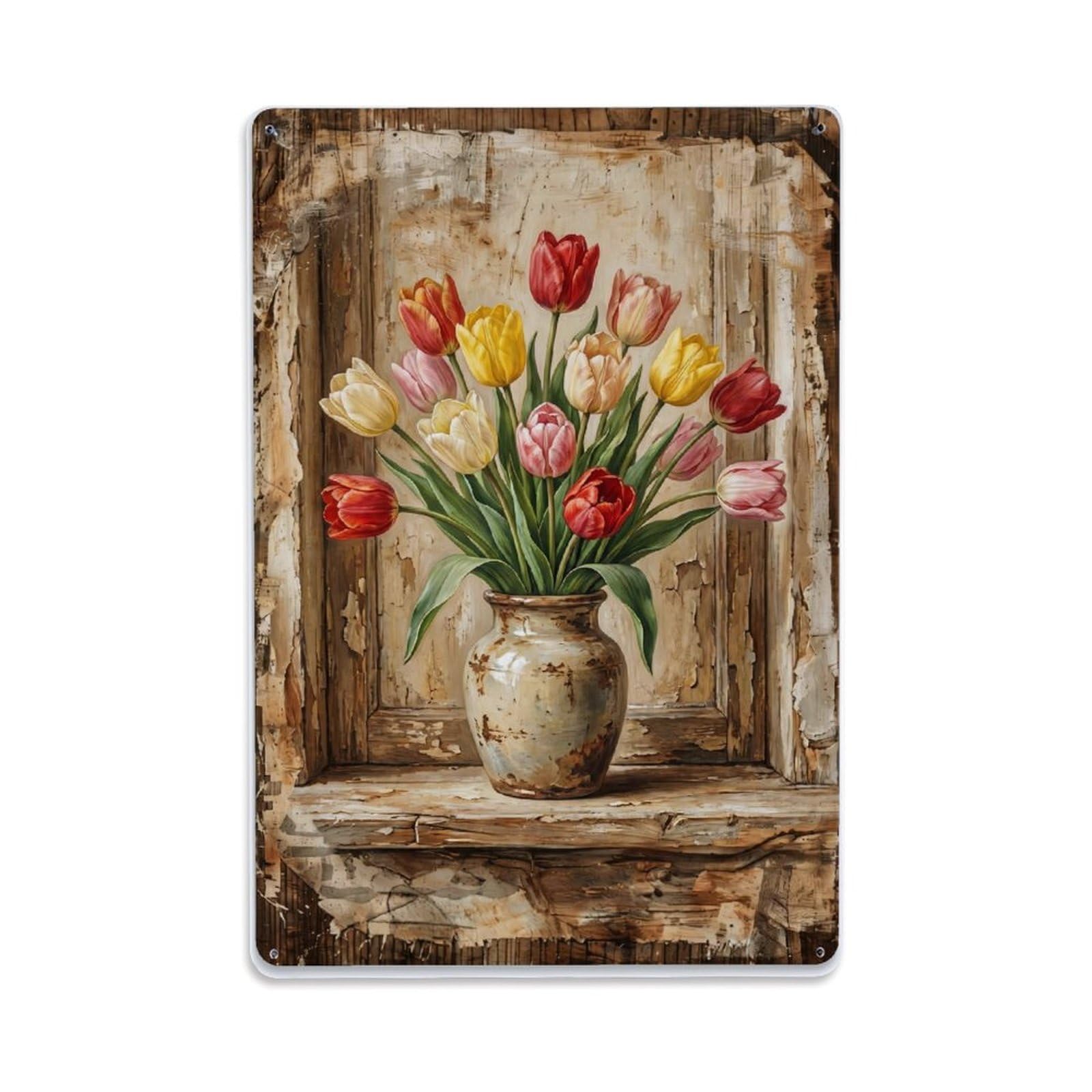 Fqnyr Style Tulips Vase Windowsill Farmhouse Metal Tin Sign Plaque Wall Decor For Cafe, Club Bar, Office, Home Garden Metal Poster 8X12inch