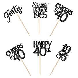 30PCS Black Glitter Forty Happy Cupcake Toppers for 40th Birthday, Wedding Anniversary Party Decorations