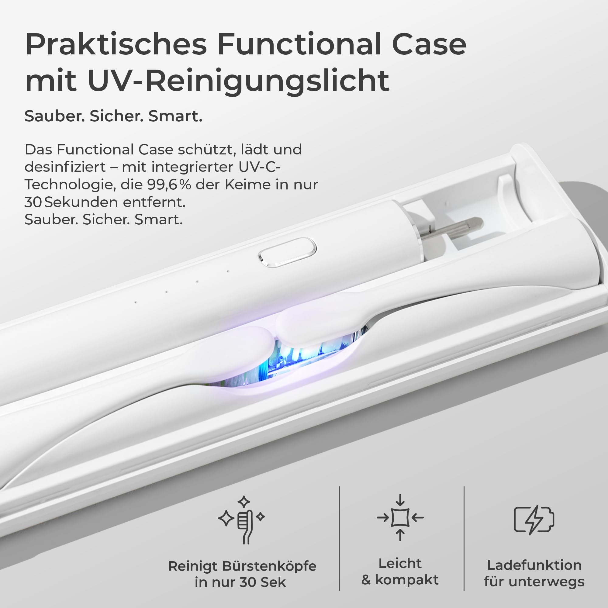 WhyteDOT® Doppel-Set, elektrische Zahnbürste – Schallzahnbürste, leise & sanft, 2 Bürstenköpfe: gründlich & sensitiv, 3 Modi, Timer & UV-Reiseetui – von Zahnärztin gegründet