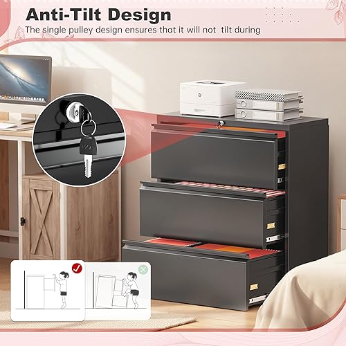 Miniatura 5 de Superday Archivador lateral de 3 cajones de metal con cerradura, archivadores negros para oficina en casa, archivadores con bloqueo, archivos