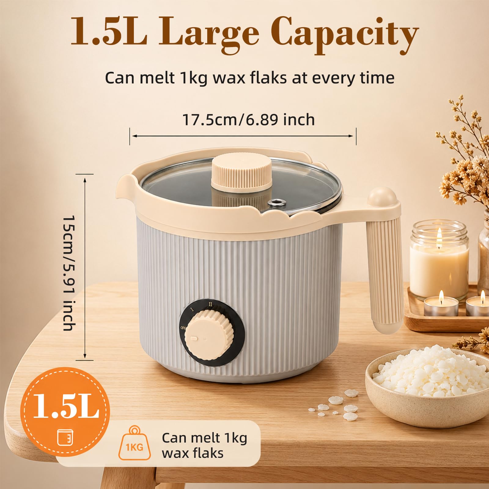 Yaskyly Fonditore Elettrico Cera 1,5L per Candele Fai da Te | Kit Completo, Beccuccio Versatore Incluso, Uso Domestico, Capacità 1,5L, Facile da Usare